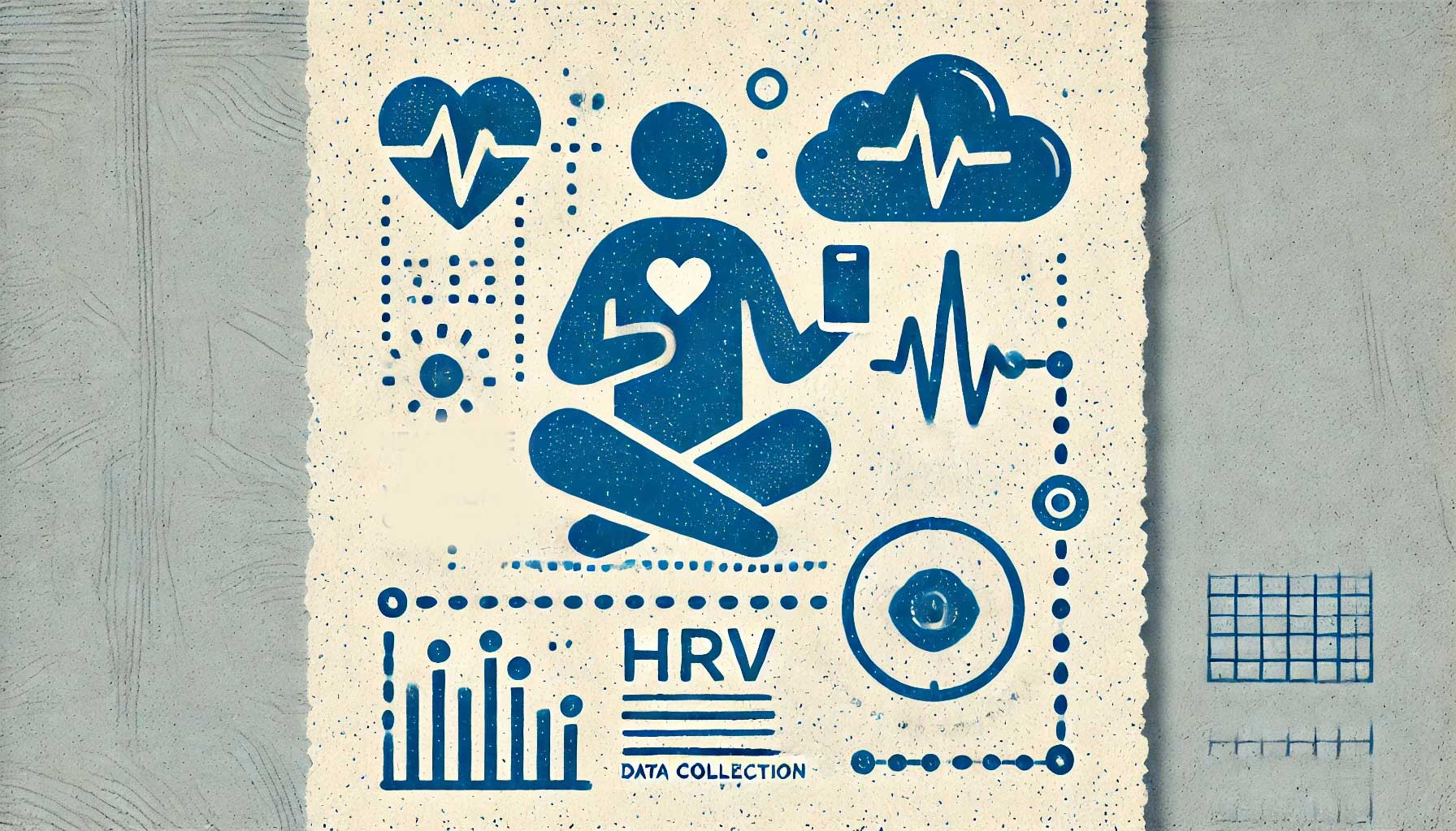 Illustration of a person sitting cross-legged, holding a smartphone with health-related icons such as a heartbeat, cloud, and data graphs, representing long-term HRV data collection in AI-driven research.