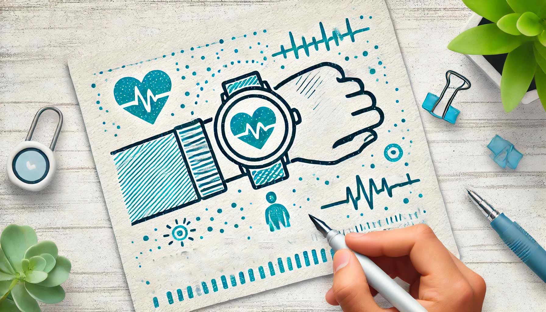 Illustration of a hand wearing a smartwatch with a heart rate monitor, surrounded by health and wellness icons, including heart shapes, graphs, and a small human figure representing HRV studies on a light gray background.