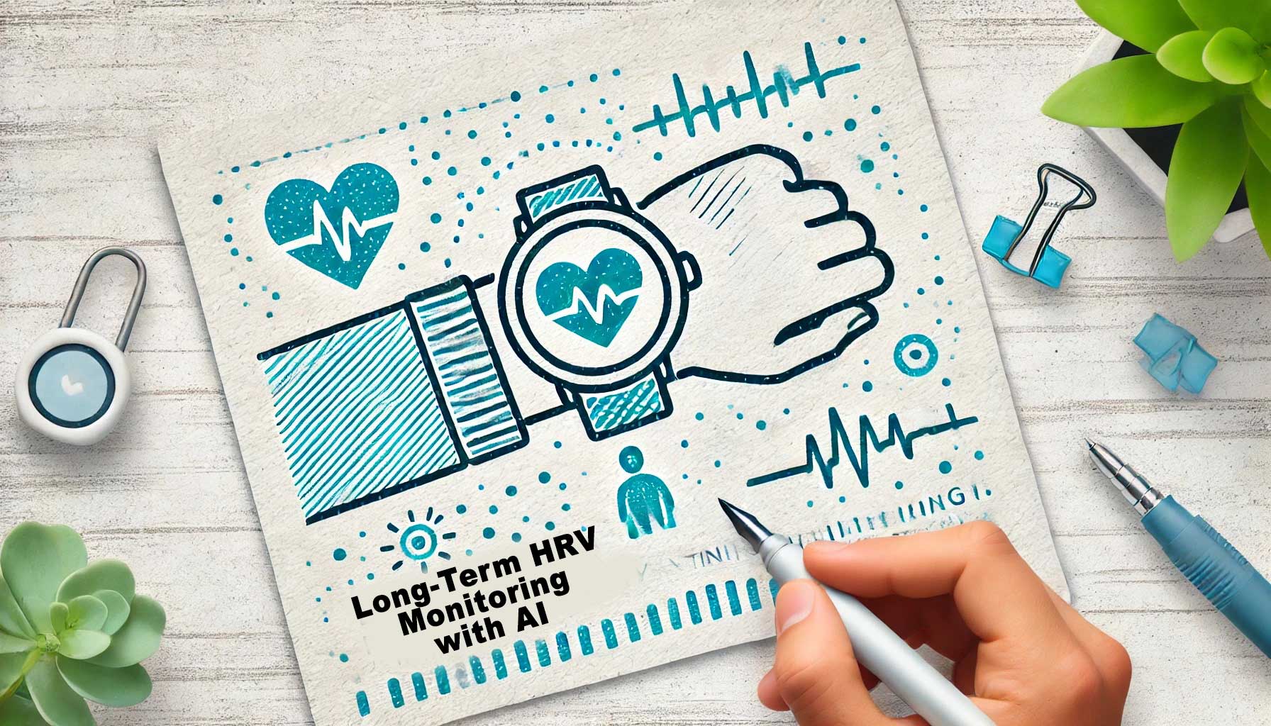 Drawing of a smartwatch tracking heart rate, surrounded by health-related icons. Text reads "Long-Term HRV Monitoring with AI." A hand holding a pen is visible in the bottom right corner. Researchers are focusing on Long-Term HRV Data Analysis using this innovative technology.