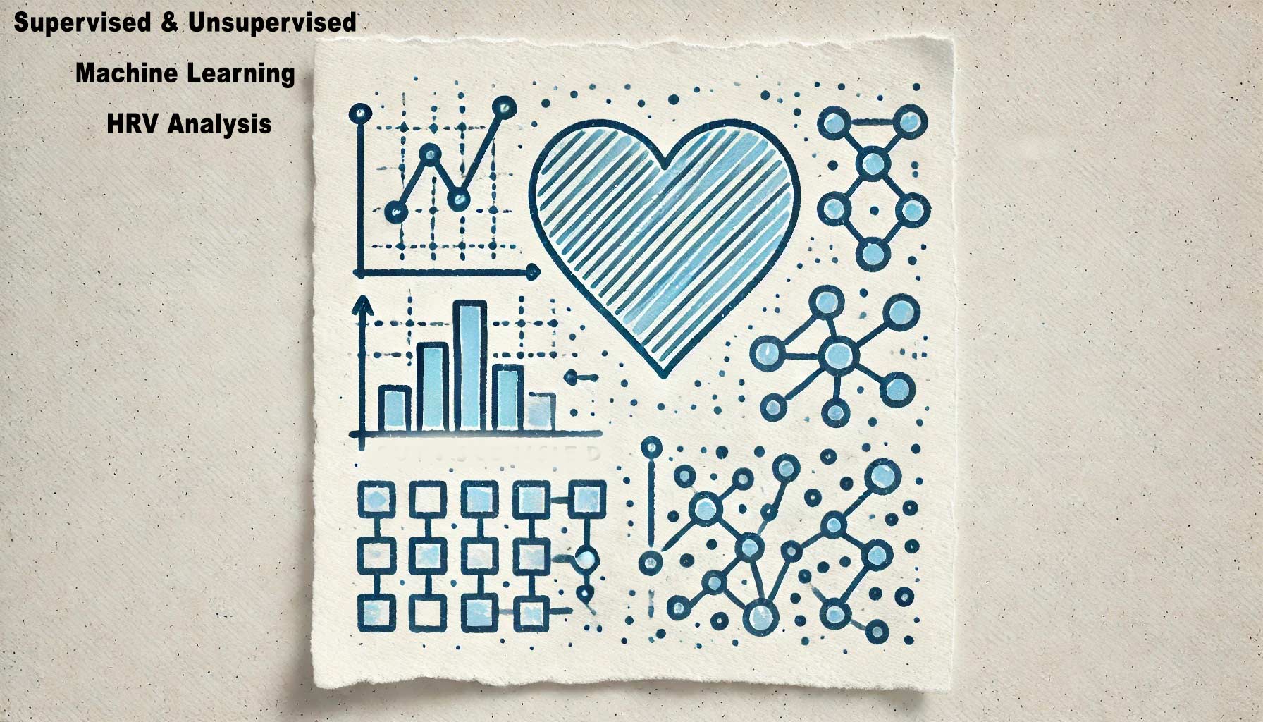 A page with various blue illustrations representing concepts in Supervised Machine Learning and HRV Analysis, including charts, diagrams, and a heart. Text: "Supervised & Unsupervised Machine Learning HRV Analysis.