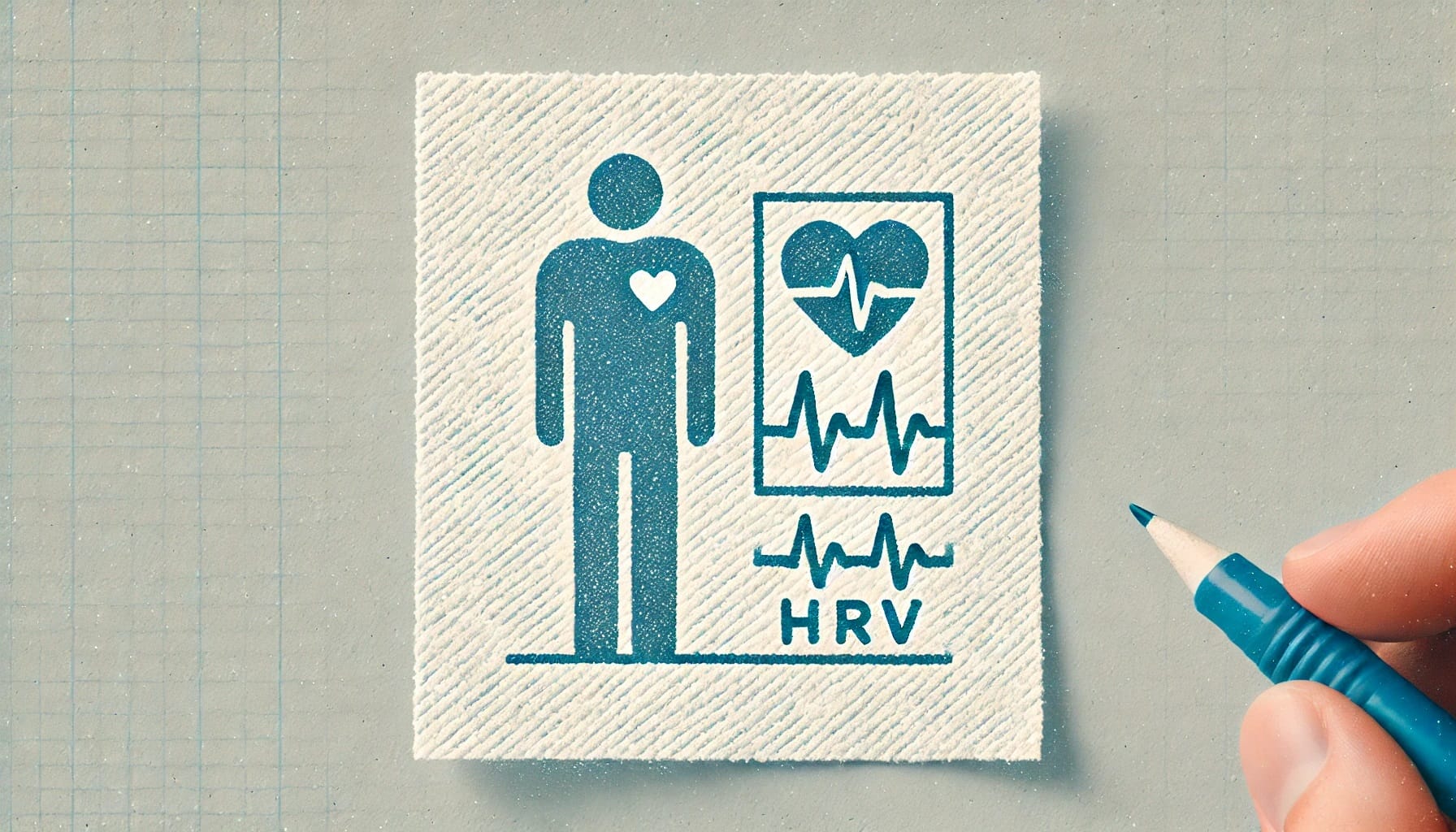 Illustration of a person beside a heart rate variability (HRV) chart showing heartbeats, with a hand holding a pencil in the corner, highlighting the potential for AI in long-term HRV data analysis—crucial for researchers.