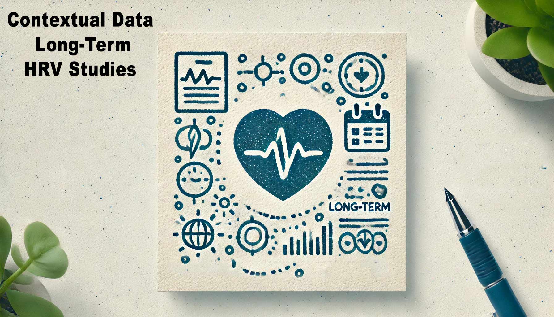 Image shows an illustration with a central heart surrounded by various icons, such as graphs and a calendar, representing Long-Term HRV studies. Text reads, "Contextual Data Long-Term HRV Studies." Pen and plants nearby.