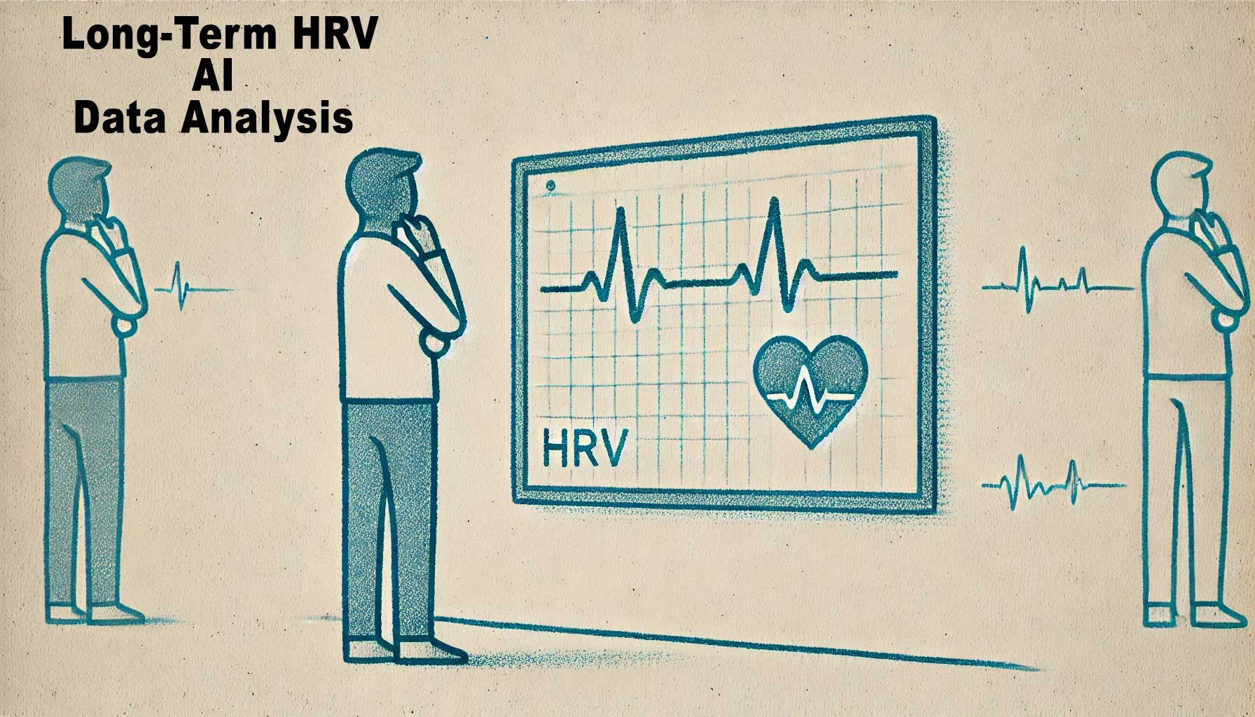 Three people stand around a screen displaying heart rate variability (HRV) data and an AI analysis graph. Text reads “Long-Term HRV Data Analysis Enhanced by AI.”