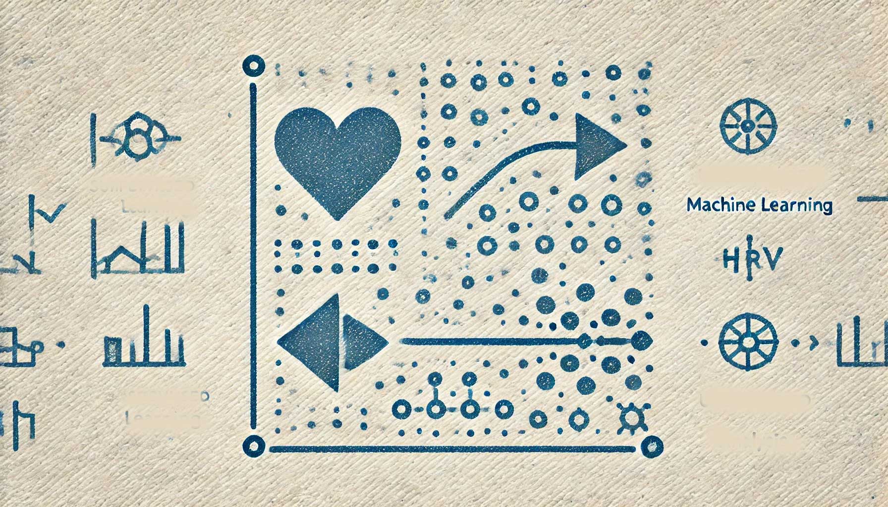 A diagram illustrating machine learning with arrows, graphs, and a heart shape on a textured background. Various symbols and the text "HRV Analysis" are also included.