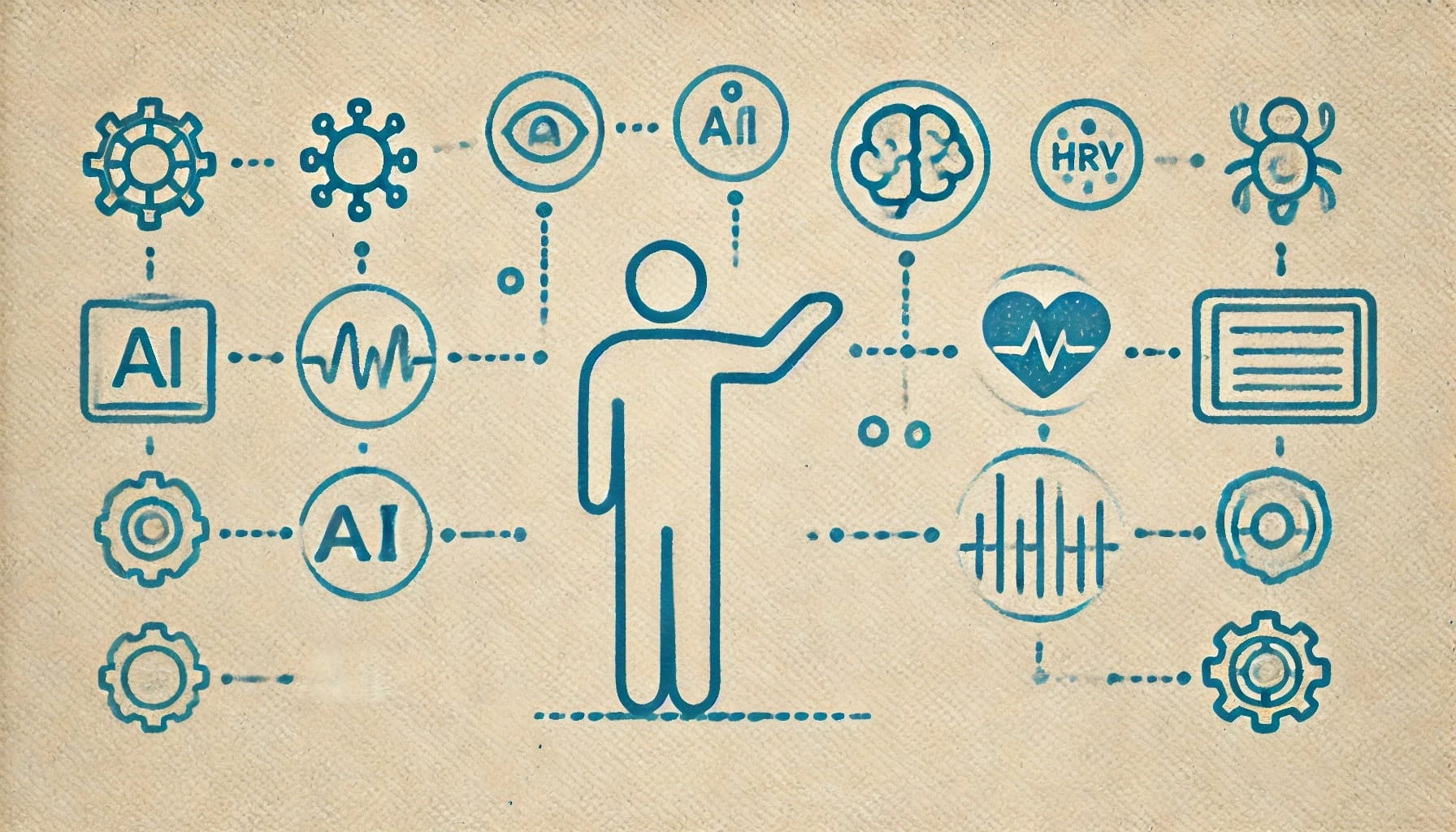 Illustration of a person surrounded by icons depicting artificial intelligence, machine learning, health monitoring, Long-Term HRV, and various technological concepts connected by lines.