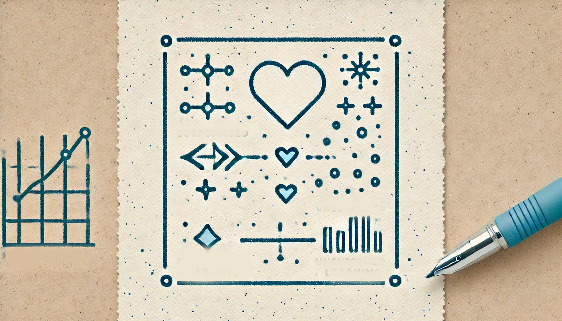 A sheet of paper displays various geometric shapes and symbols, including a heart, arrows, dots, and lines. A pen is positioned on the right, and a section of a graph—perhaps indicative of HRV Analysis—is visible on the left side of the image.