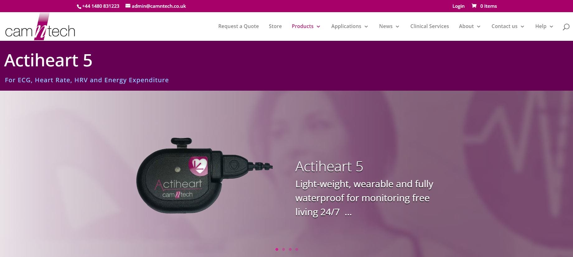 A webpage for the Actiheart 5 device by CamNtech, ideal for researchers. It highlights the lightweight, wearable, and waterproof design tailored for monitoring ECG, heart rate, heart rate variability (HRV), and energy expenditure.