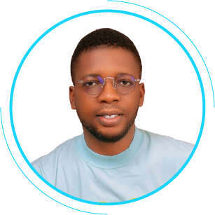 A person wearing glasses and a light blue shirt is smiling within a circular blue border on a black background, proudly representing Team Fibion.