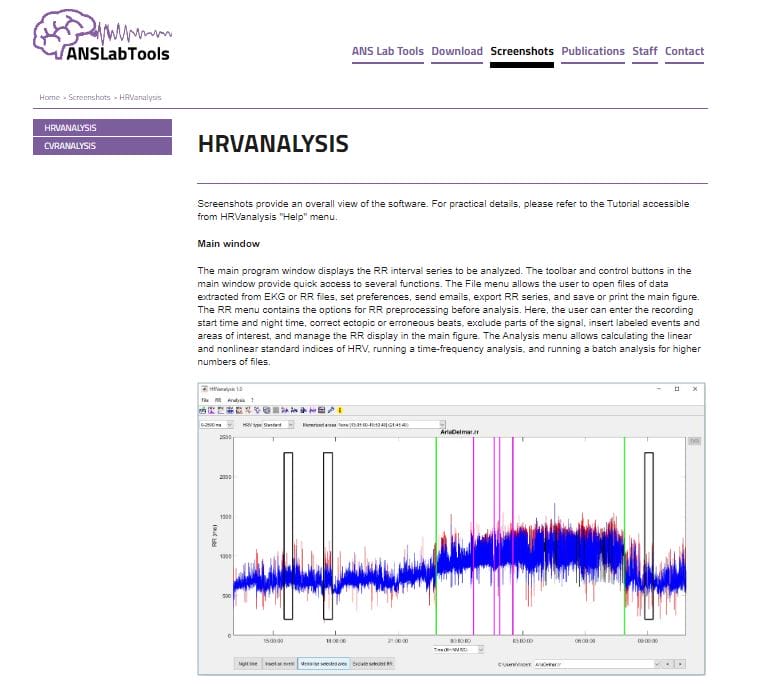 A webpage screenshot from ANS Lab Tools displaying the "HRVANALYSIS" page, including menu, sections, and a graph showing heart rate variability analysis data, essential for researchers in 2024 utilizing advanced HRV analysis software.