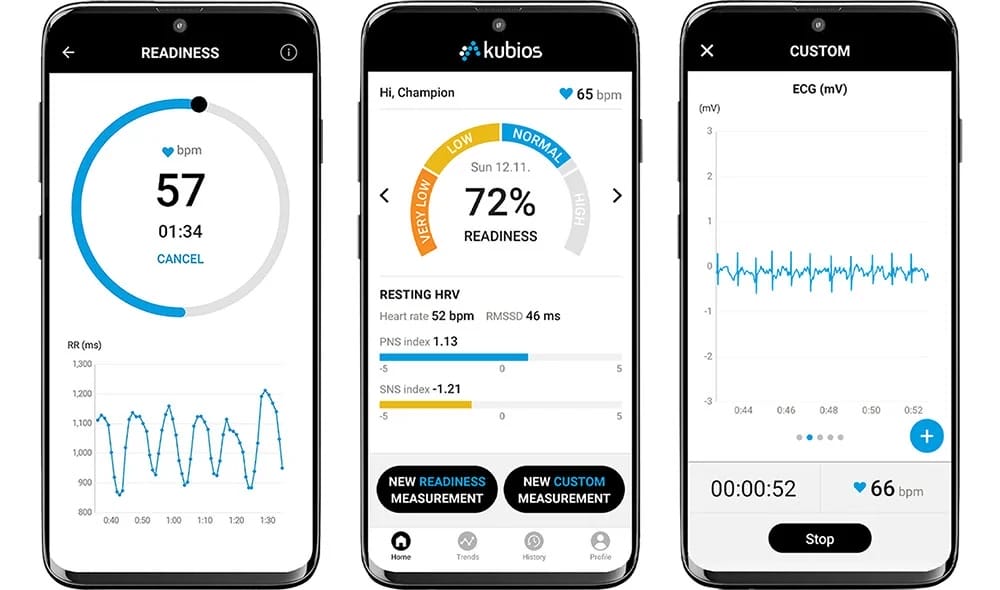 Three smartphones display health monitoring apps showing heart rate, body readiness percentage, and ECG readings in graphic and numeric formats, utilizing advanced HRV analysis from Kubios HRV Scientific.