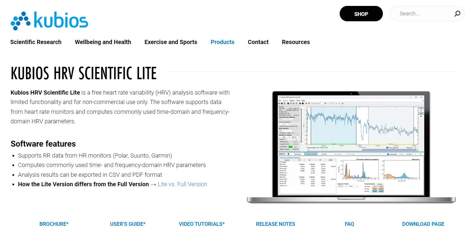 Screenshot of KUBIOS HRV SCIENTIFIC LITE software page showcasing features and a laptop displaying the software’s interface with graphs and data analysis for Heart Rate Variability. Options for resources and downloads are also visible, making it an essential tool for researchers in HRV analysis.