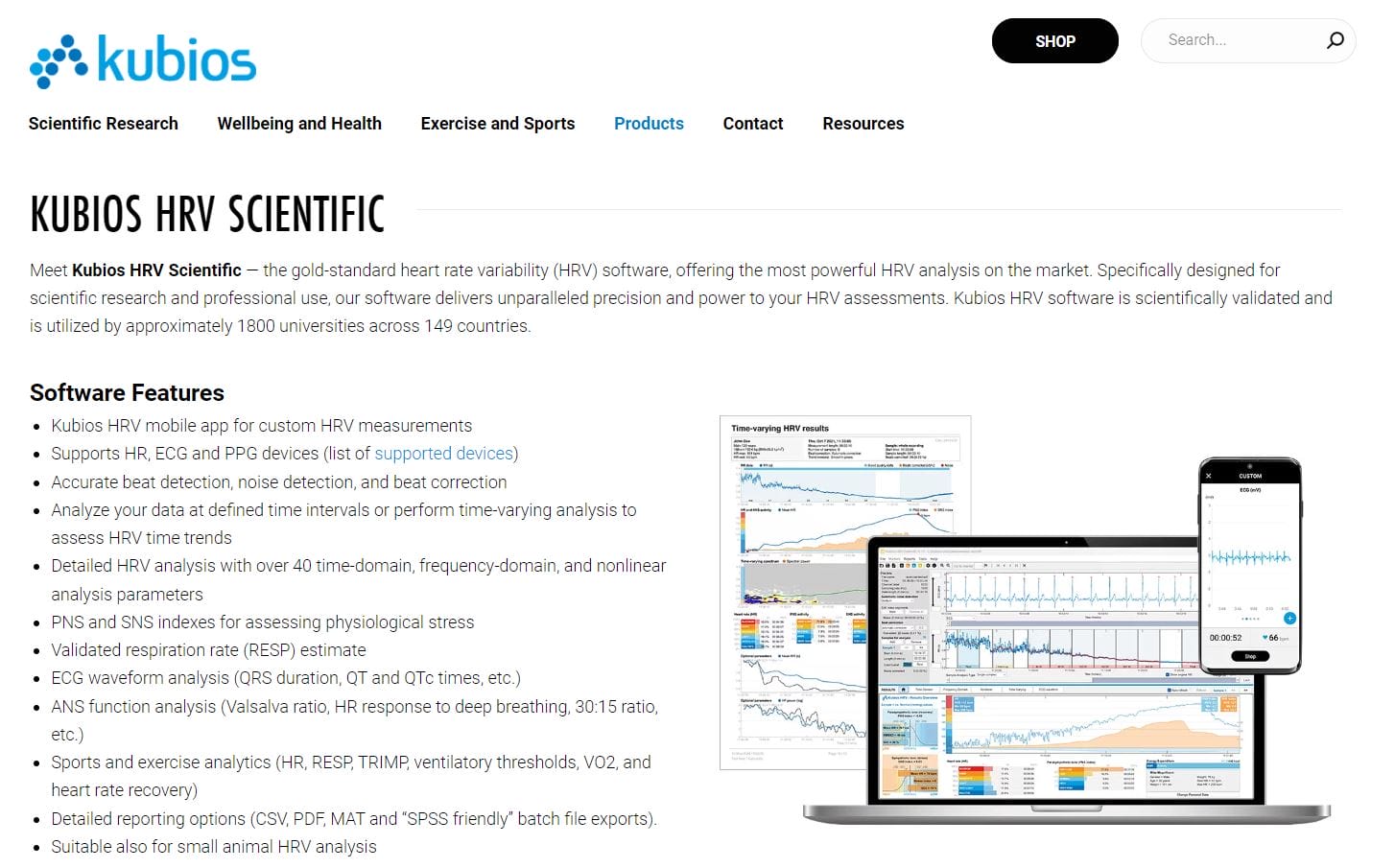 Screenshot of Kubios HRV Scientific webpage showcasing their heart rate variability software, perfect for researchers. It includes a bulleted list of features and an illustrated example of the HRV analysis software interface.