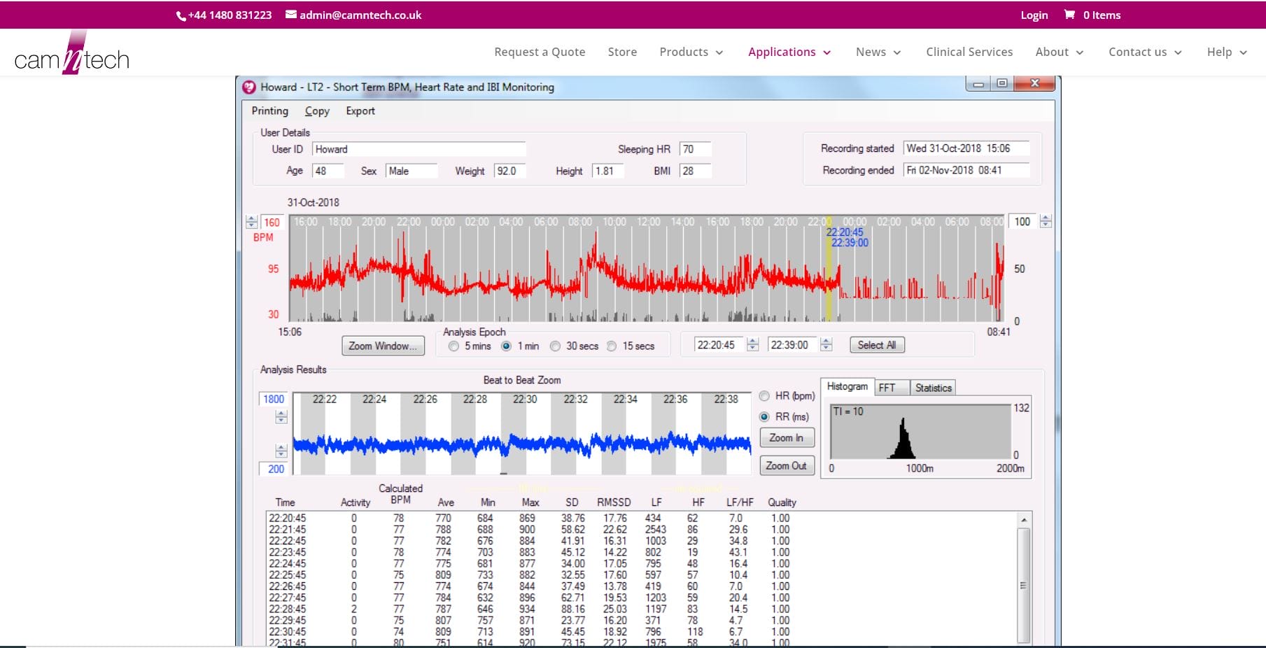 Screenshot of BIOPAC's AcqKnowledge Software displaying real-time heart rate monitoring data, with graphs indicating heart rate trends and HRV Analysis over time. The interface includes options for device settings, calibration, and event markers.