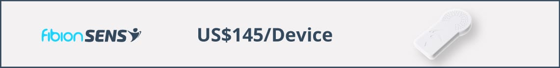 The FiberSENS device, featured against a light background with an image on the right, is priced at US$145 each. Ideal for Sedentary Behavior Studies, this innovative product leverages AI to provide precise analytics and insights.
