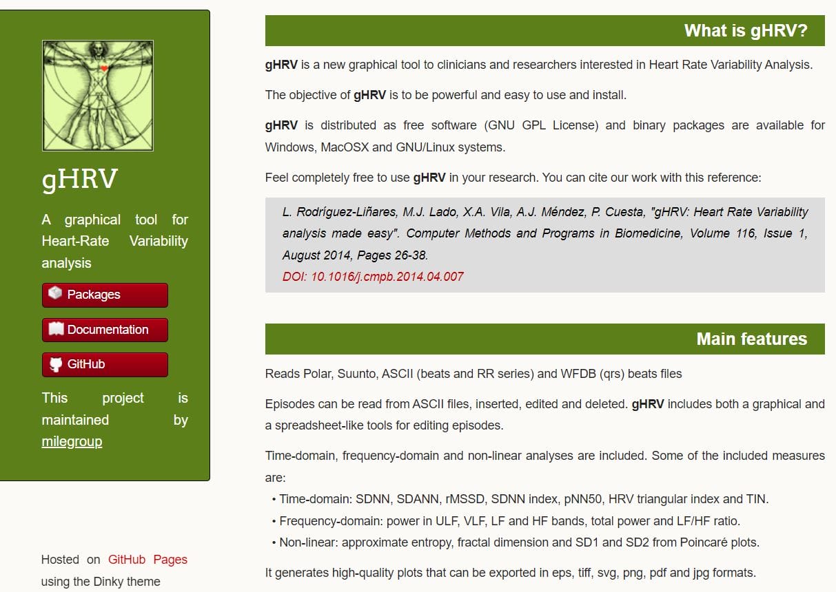 Screenshot of a webpage describing gHRV, a graphical tool for Heart Rate Variability analysis. The page includes its features, authors, and download options, with links to GitHub and additional software packages for researchers.