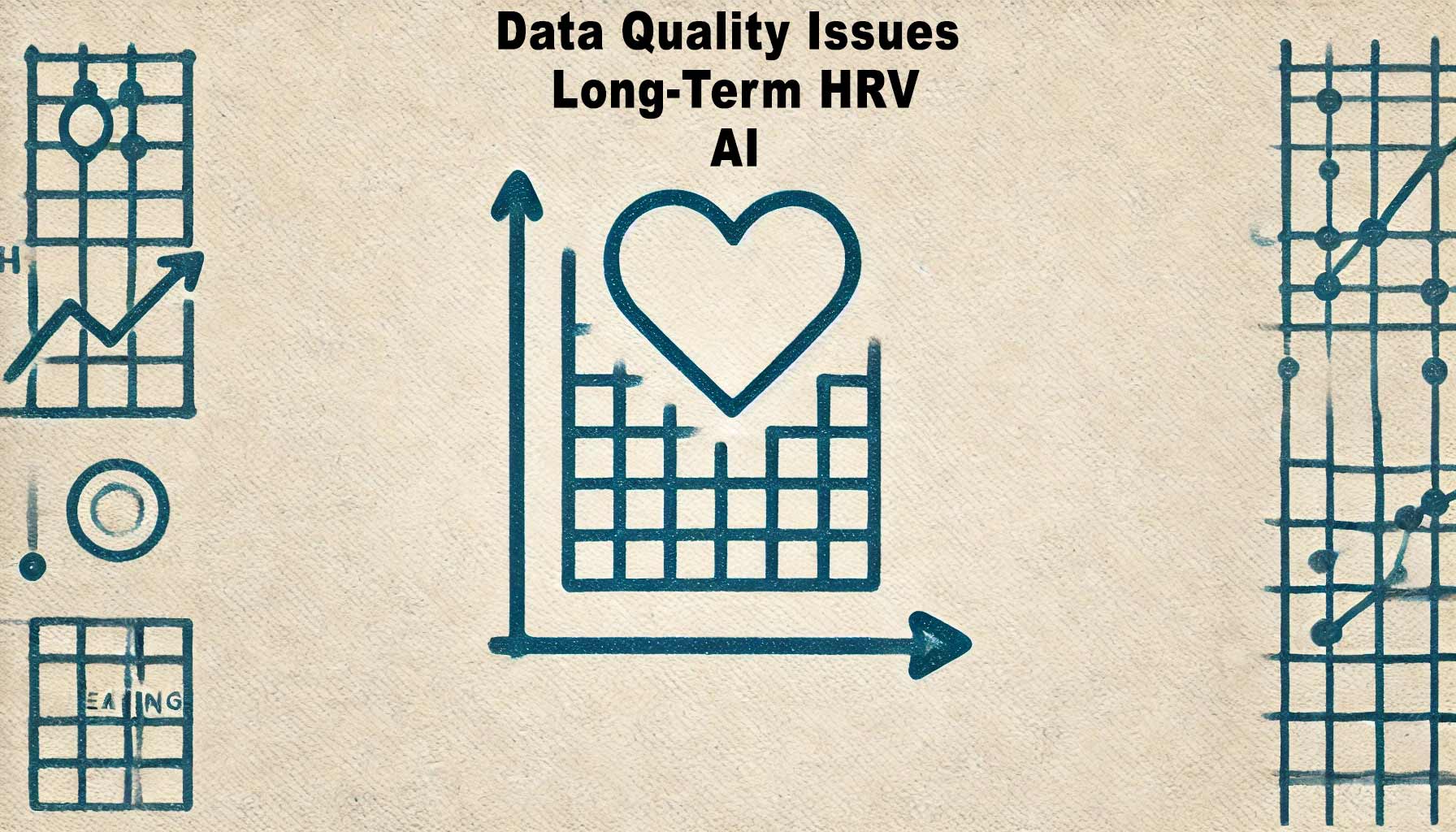 Graph with a heart symbol shows data trends, surrounded by diagrams. Text reads "Data Quality Issues Long-Term HRV Research AI.