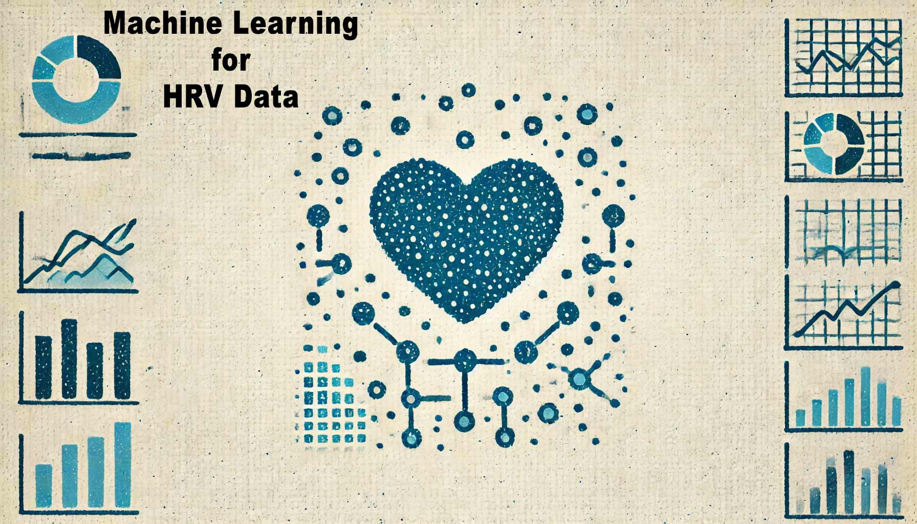 A heart symbol with various charts and graphs surrounding it, illustrating "Machine Learning for HRV Data Quality" in black text on a textured background.