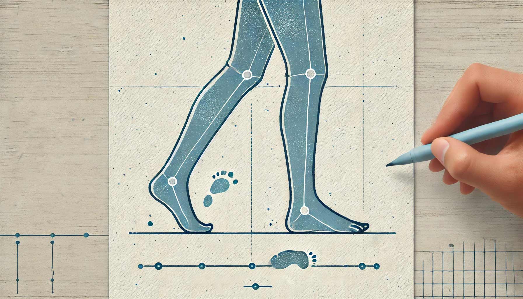 Illustration of a hand drawing two walking legs with joint points highlighted, accompanied by footprints and schematic lines, showcasing innovations in gait analysis.