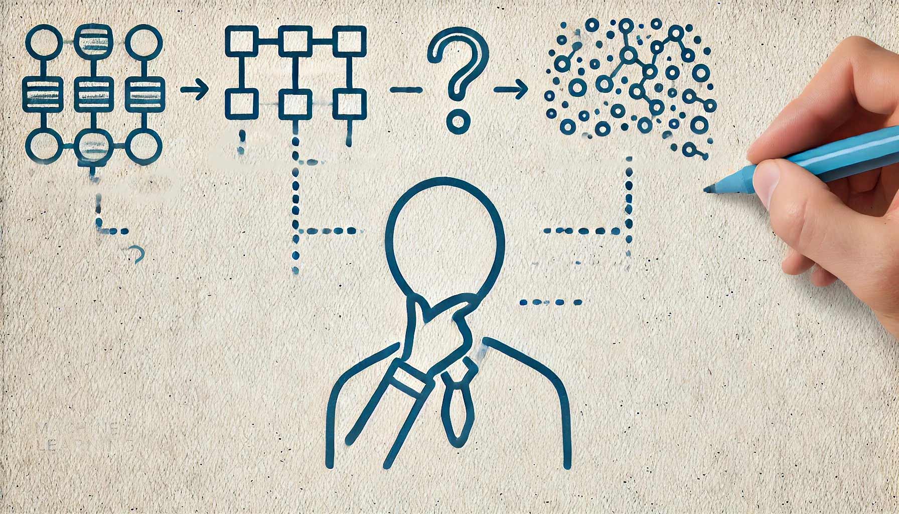 Illustration of a person contemplating a process flow that transitions from structured diagrams to a complex network, symbolizing analytical thinking and advanced algorithms.