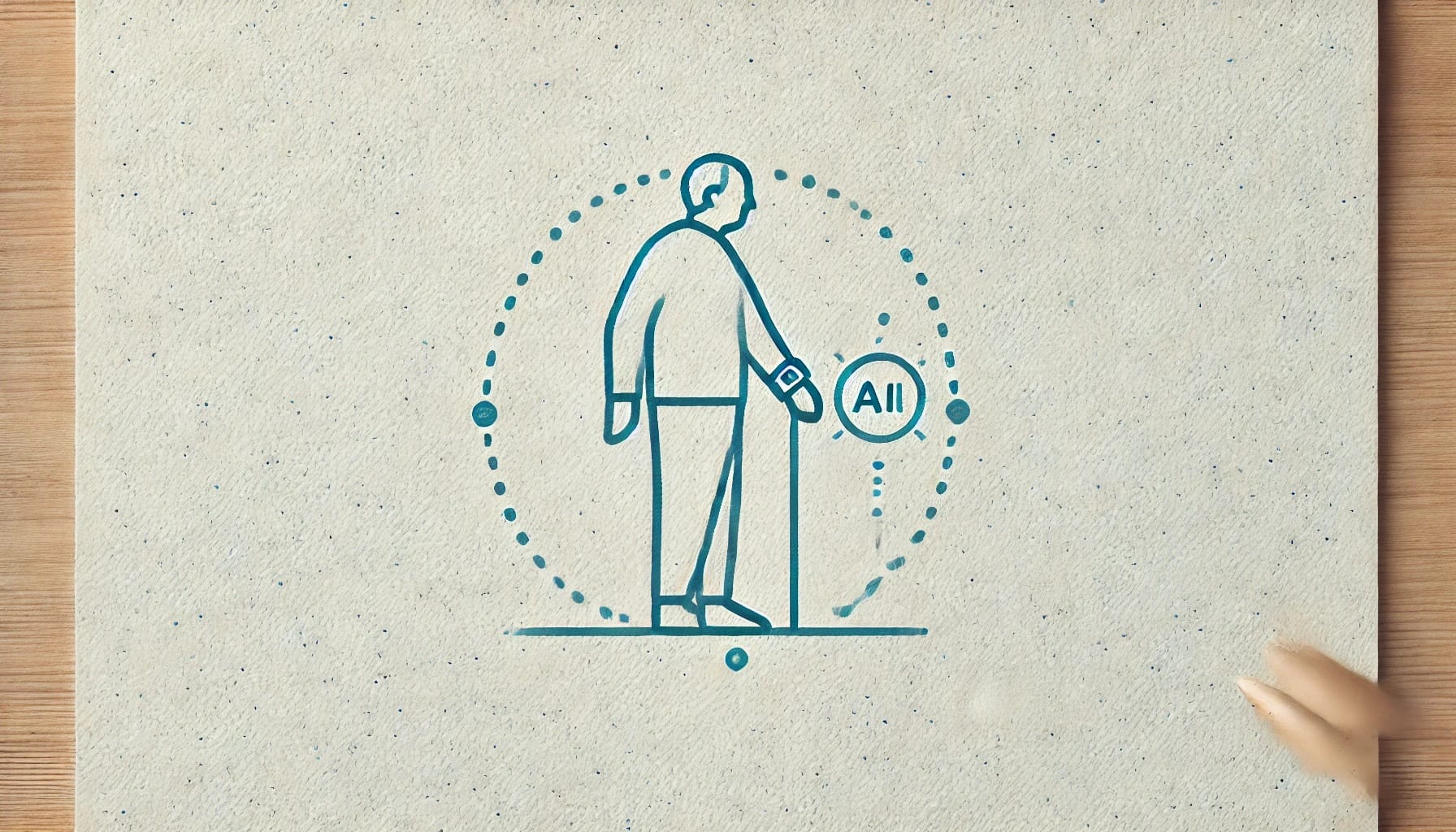 Illustration of a person using a cane, surrounded by a dotted circle, and pressing a button labeled "A11". A hand, partially visible, points towards the illustration. This image highlights the role of wearable sensors in the prevention of falls using artificial intelligence technology.