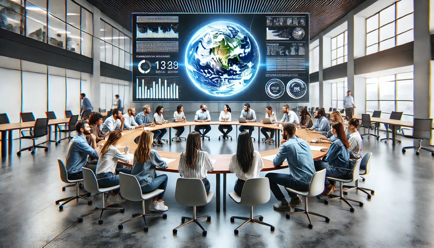 A group of people sit around a large round table in a modern conference room, viewing a large screen displaying global statistics and digital Earth images, integrating HRV monitoring data for large-scale research analysis.