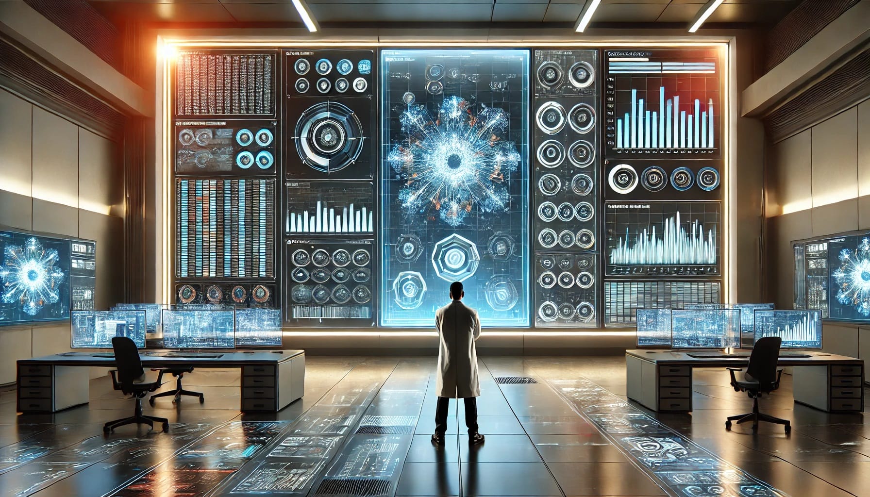 A person in a lab coat stands in a high-tech control room, facing a large screen displaying complex data and charts from an advanced accelerometer system. Several computer workstations are positioned around the room.