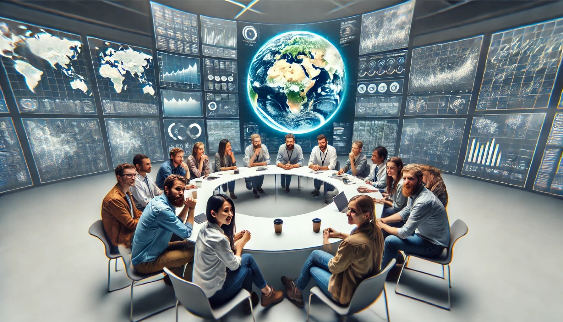 A group of people sit around a circular table in a modern conference room, with large screens displaying global data, while discussions on customizing wearables unfold beneath a digital globe above.