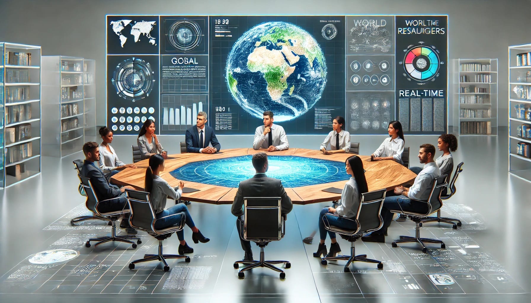 A futuristic conference room buzzes with energy as people gather around a circular table. Large digital screens display API-driven global data and maps, while participants explore insights through wearable data.