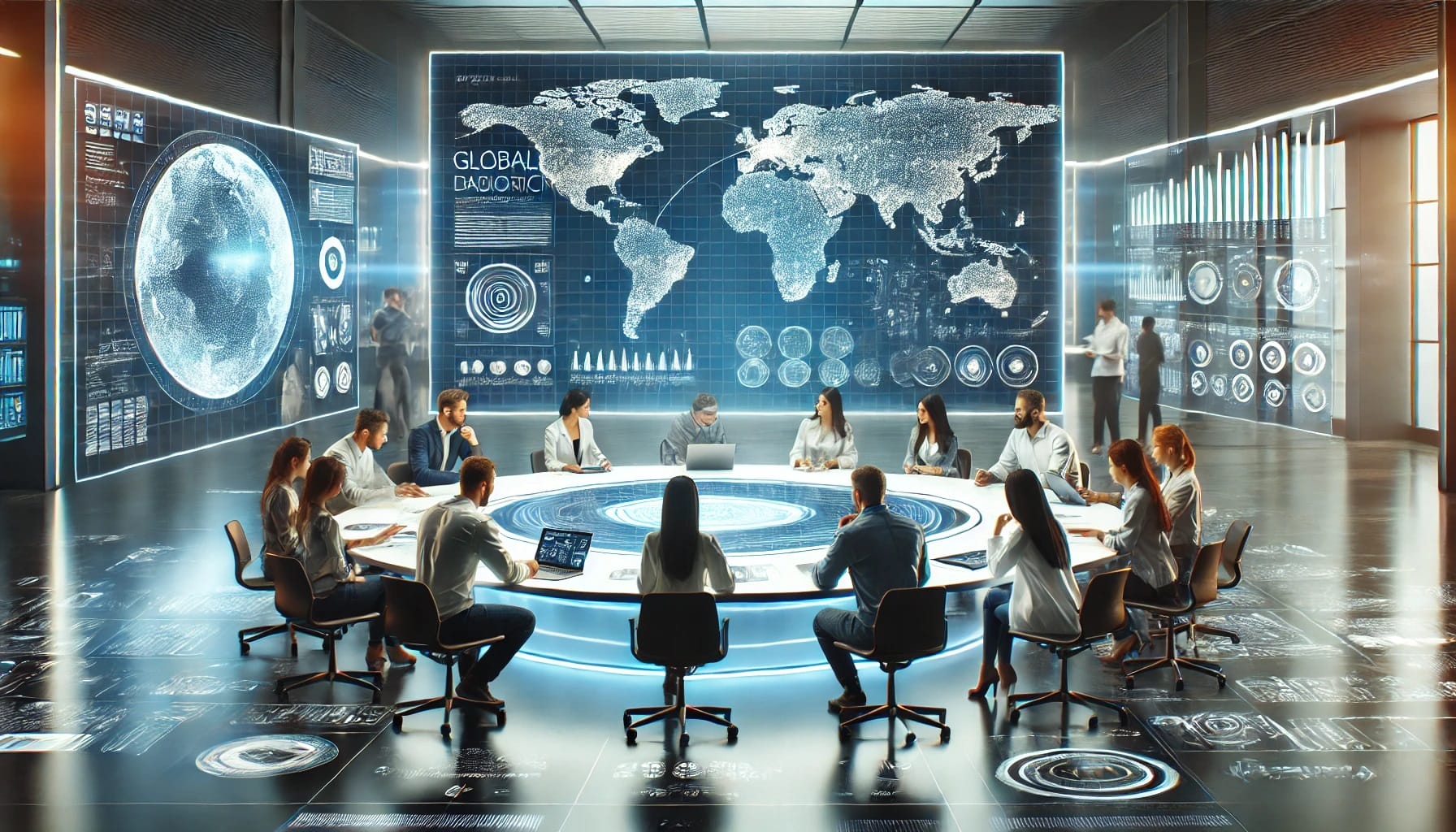 People sit around a futuristic circular table in a high-tech conference room, choosing insights from digital world maps and data displays on screens, while discussing the latest advancements in wearable systems.