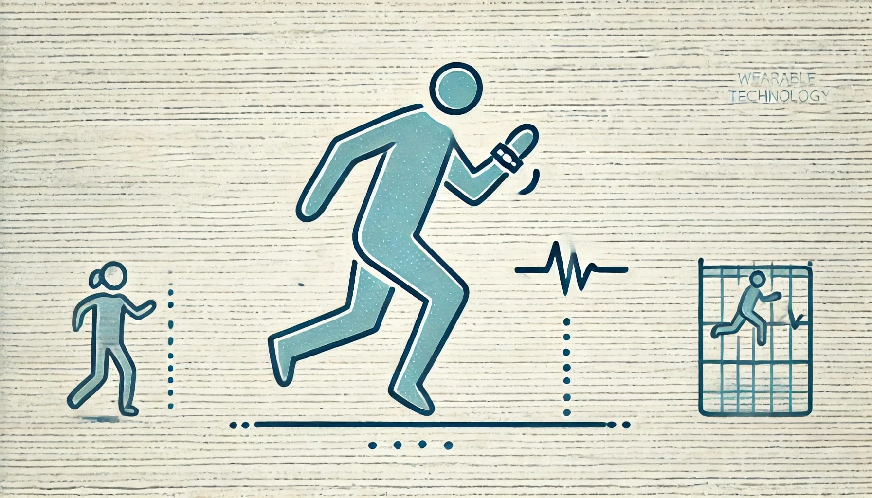 Illustration of a person running with a wearable technology device, a heart rate monitor symbol, and smaller figures indicating exercise. Text reads "Wearable Technology: Enhancing Strategies for Fall Prevention.