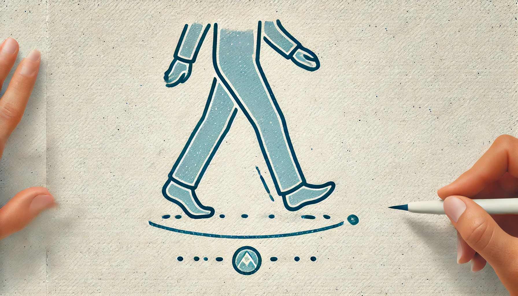 An illustration of a person walking, with a disembodied hand on the left unrolling the canvas and another on the right holding a pen, subtly hinting at innovations in gait analysis for fall risk assessment.