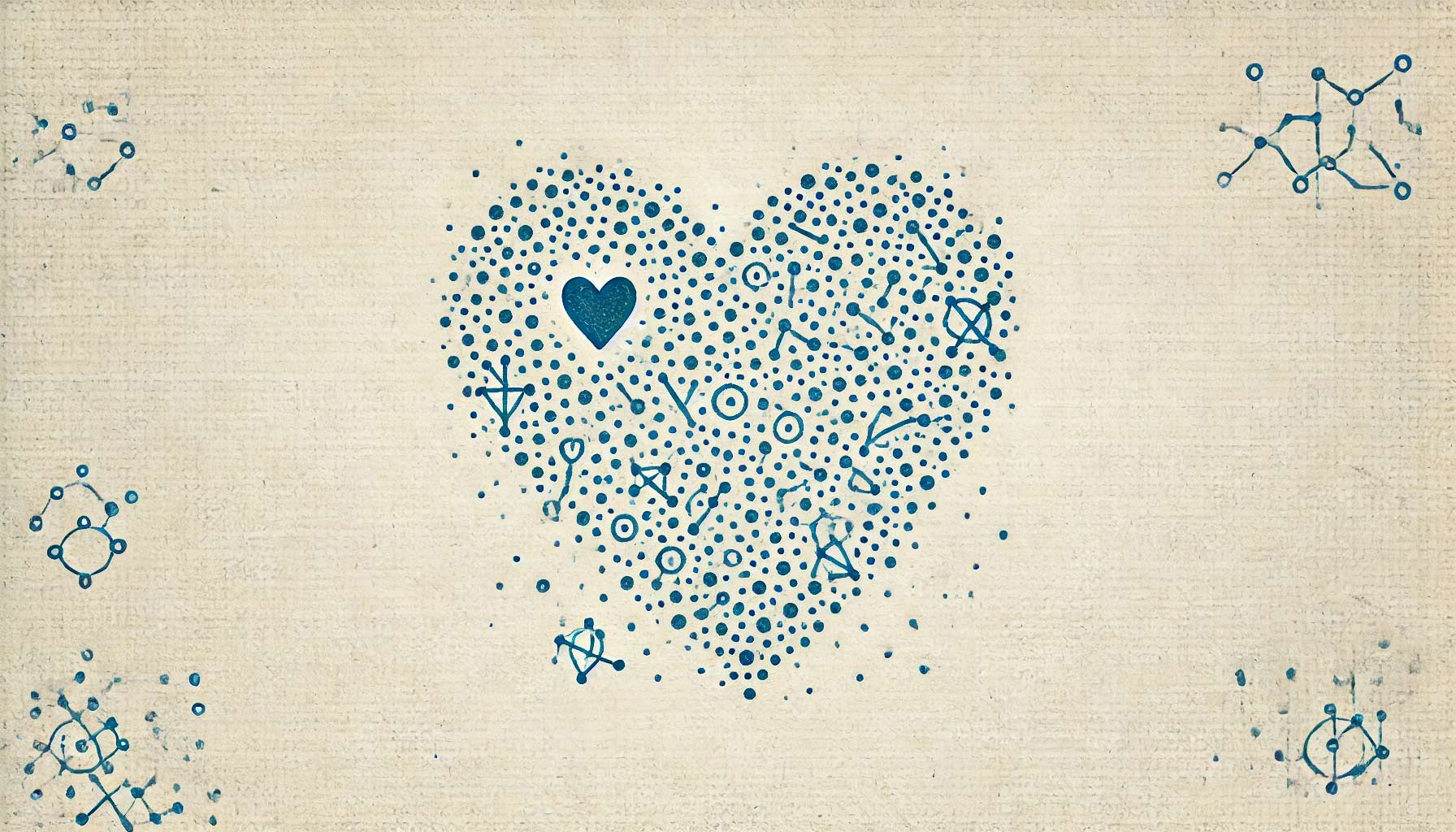 An illustration of a heart made up of various blue dots and scientific symbols on a beige background, reflecting an HRV Analysis, with smaller clusters of symbols in the corners.