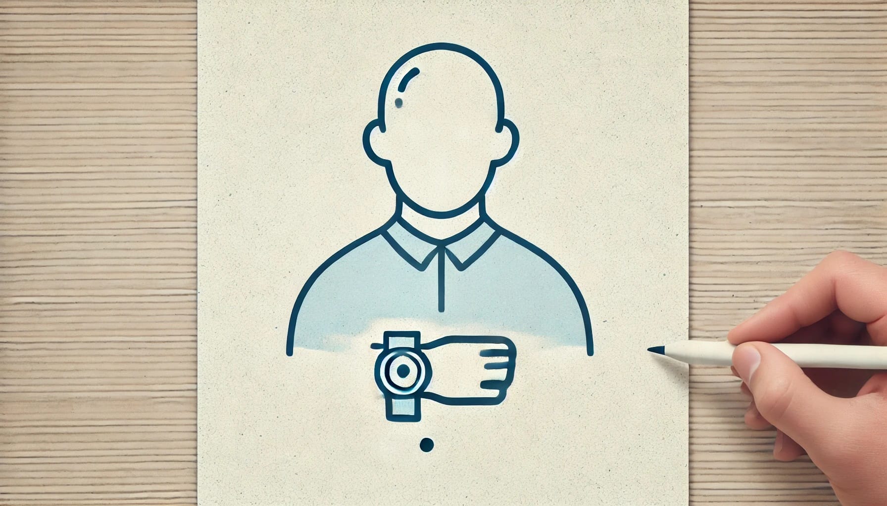 Drawing of a person in a collared shirt with a wristwatch replacing the hand, displayed on textured paper. A hand holding a pen is visible, indicating the drawing process. This innovative illustration hints at the future of wearable sensors and artificial intelligence in enhancing everyday life.