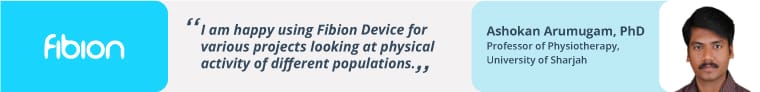 Testimonial quote from an individual stating satisfaction with the Fibion Device, accompanied by a profile image and professional title of Ashokan Arumugam, PhD, Professor of Physiotherapy, University of Sharjah. samad