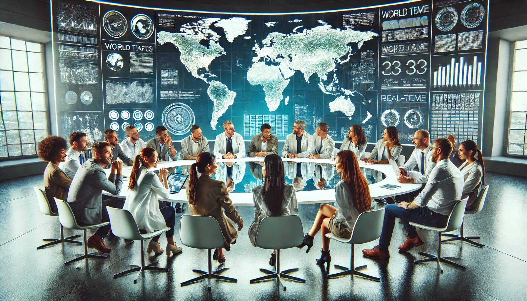 A diverse group of people in a meeting room sit around a circular table, discussing cohort studies with world maps and data charts displayed on the wall screens, emphasizing their impact on public health.