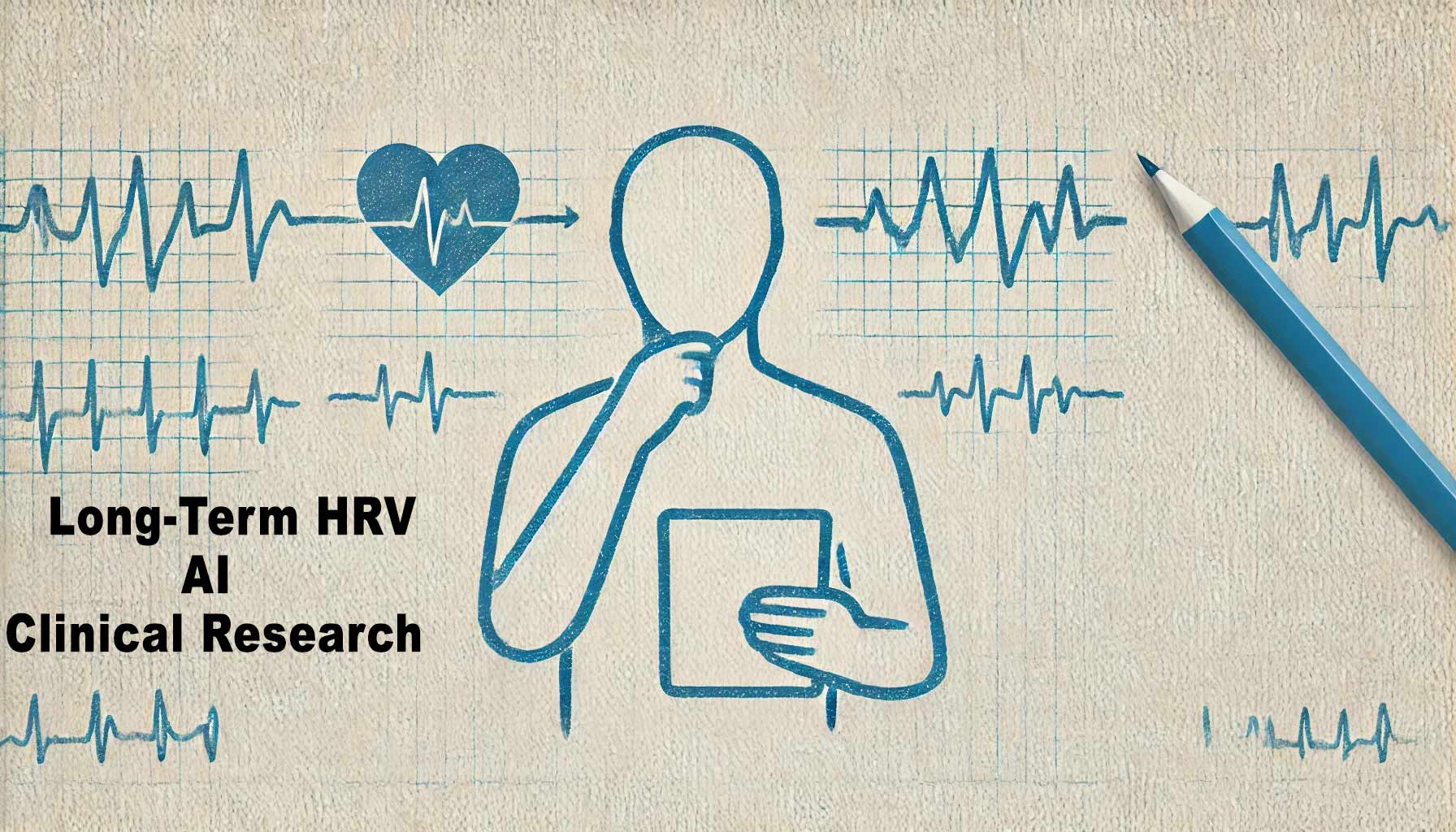 An illustration of a person holding a tablet, surrounded by heartbeat graphs and a heart icon. Text reads, "Long-Term HRV AI Clinical Research," highlighting the integration of AI in monitoring long-term HRV. A pencil appears on the right side, symbolizing precision and accuracy.