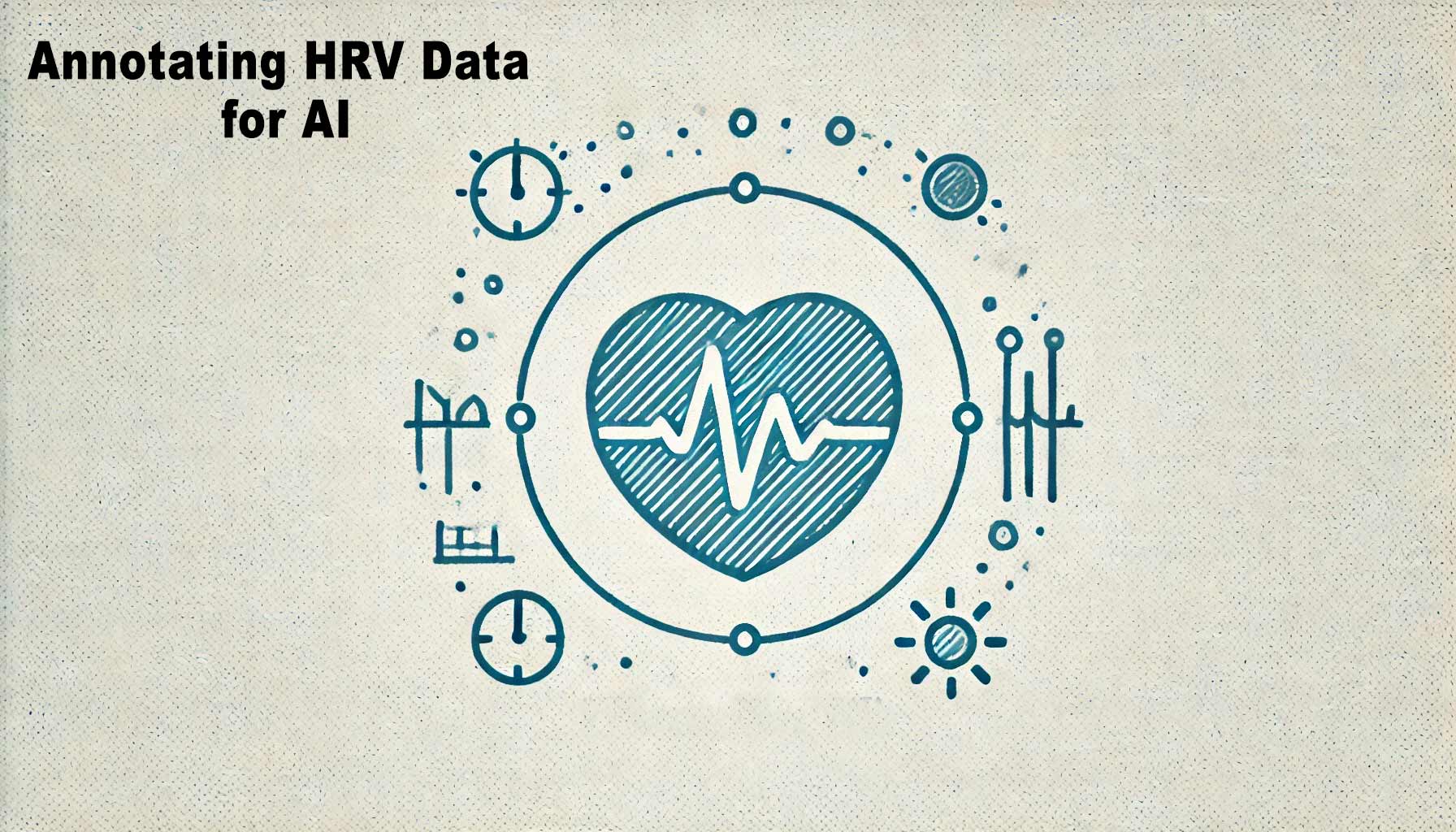 Illustration of a heart with ECG lines surrounded by icons and the text "Techniques and Tools for Annotating HRV Data for AI" in the top left corner.