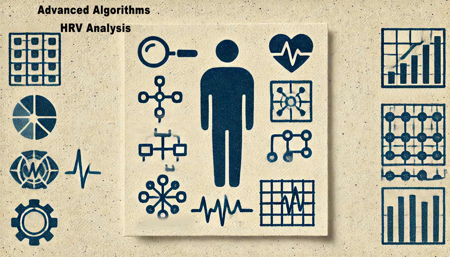 Diagram depicting various HRV (Heart Rate Variability) analysis elements including icons of a human figure, heart, magnifying glass, and various graphs, highlighting advanced algorithms. Perfect for a researcher's guide.