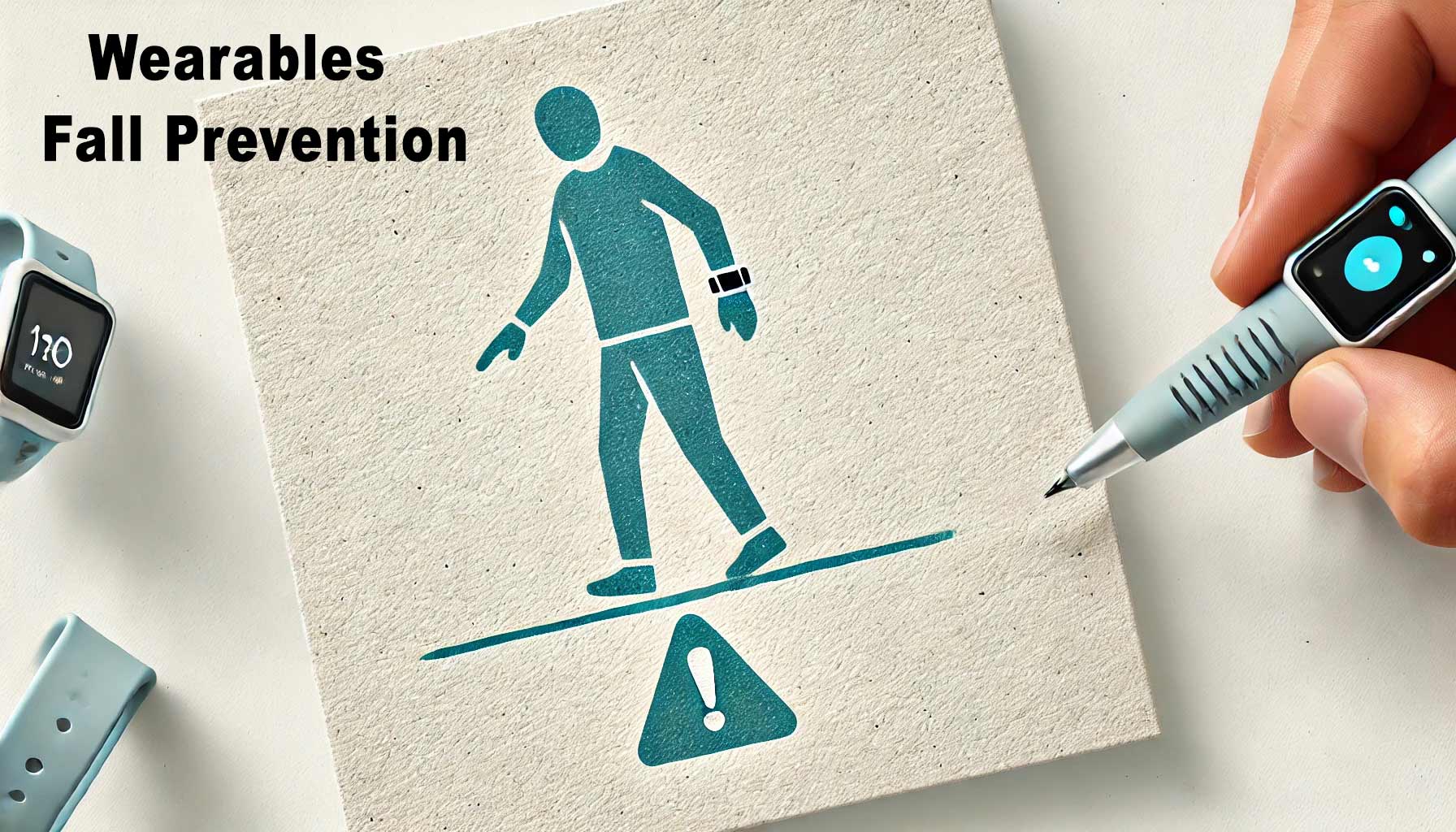 Illustration of a person walking on a surface with a warning sign, surrounded by wearable devices, with the text "Enhancing Strategies for Fall Prevention through Wearable Technology.