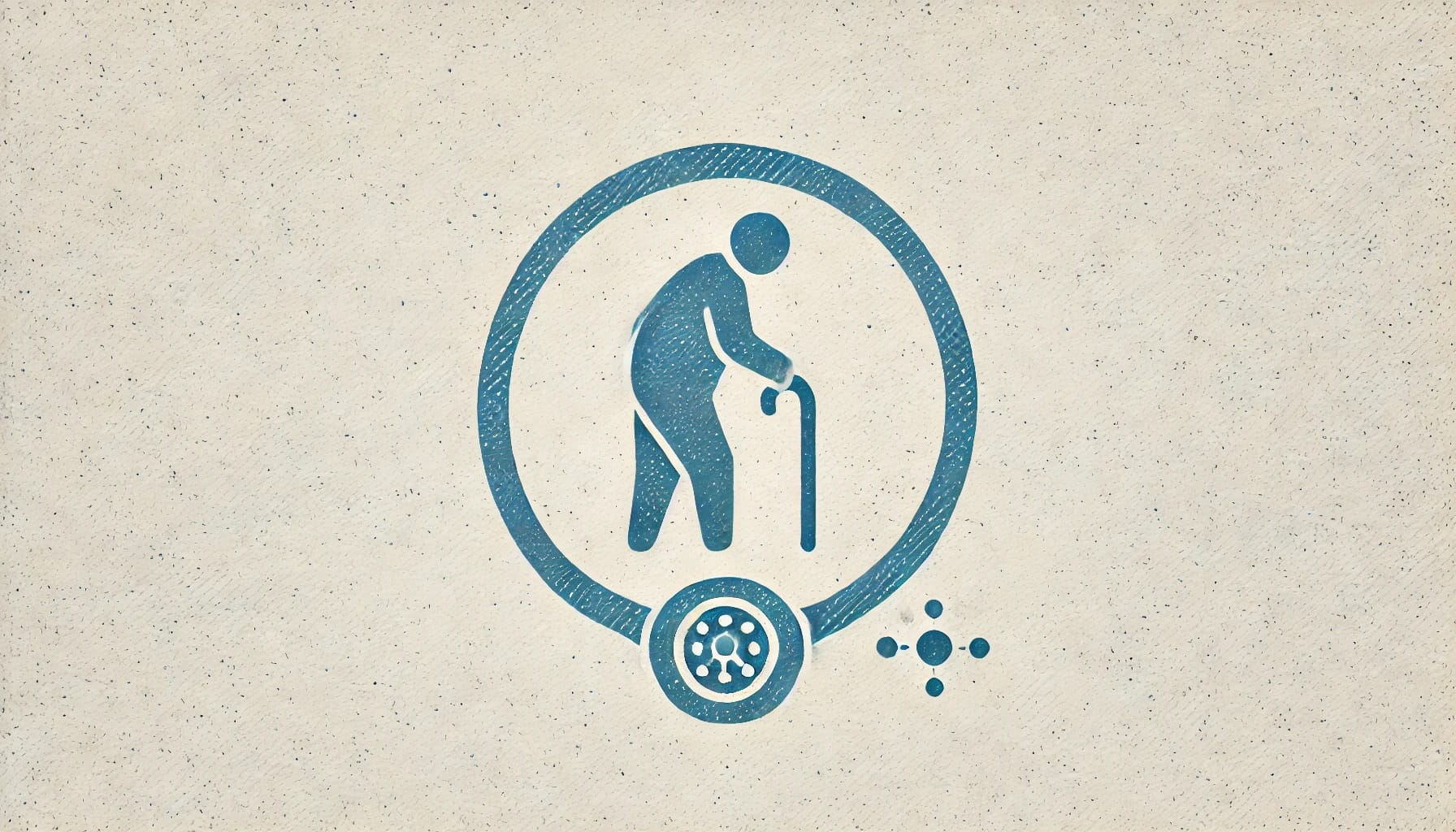 Icon of a person using a cane, surrounded by a circle with an additional detail resembling a medical symbol in the center bottom, highlighting the role of wearable sensors and artificial intelligence in the prevention of falls.