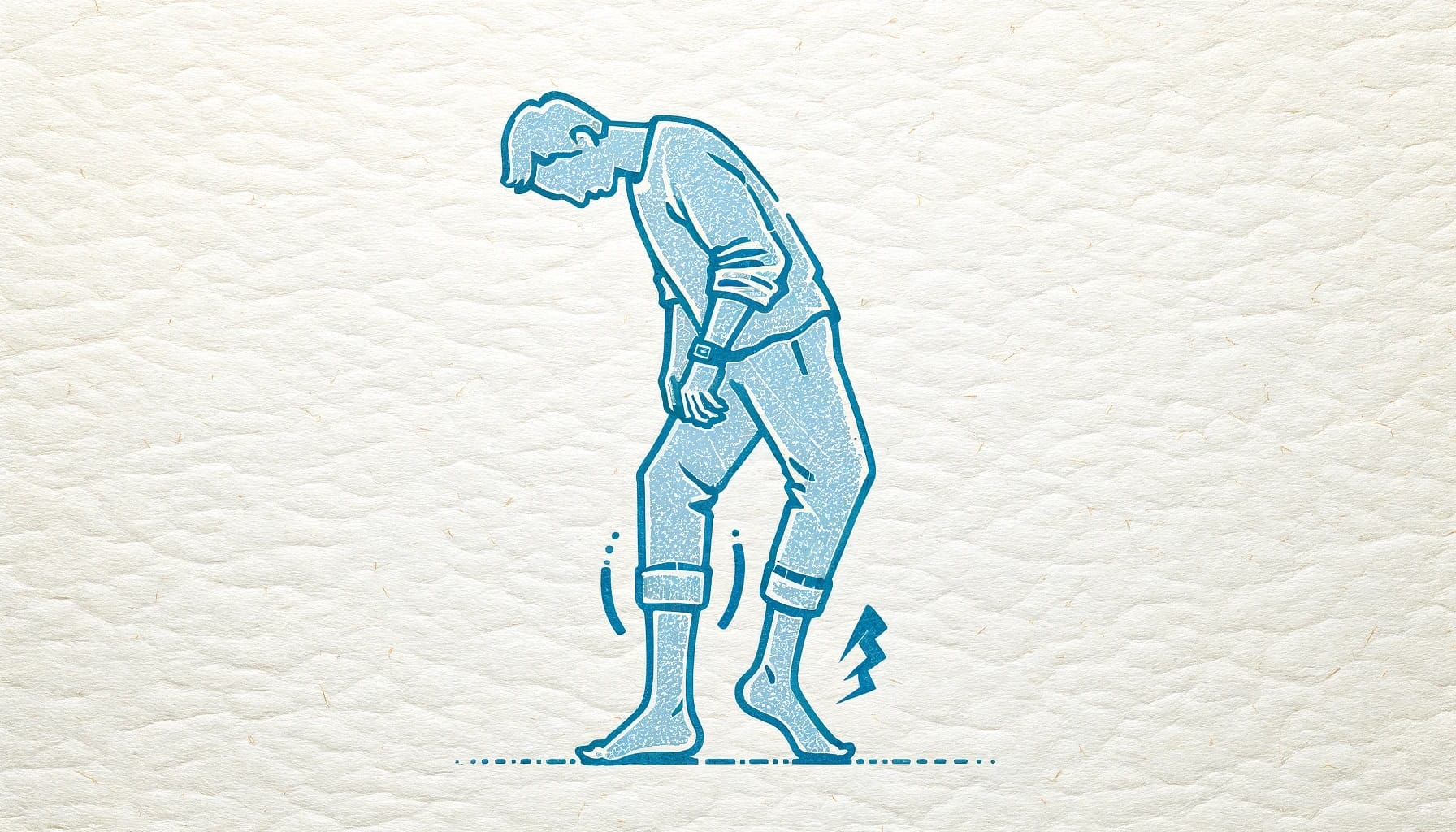 Illustration of a person standing barefoot with a pained expression, bending forward to hold their leg. A lightning bolt signifies pain in the lower leg area, underscoring the importance of fall prevention strategies.