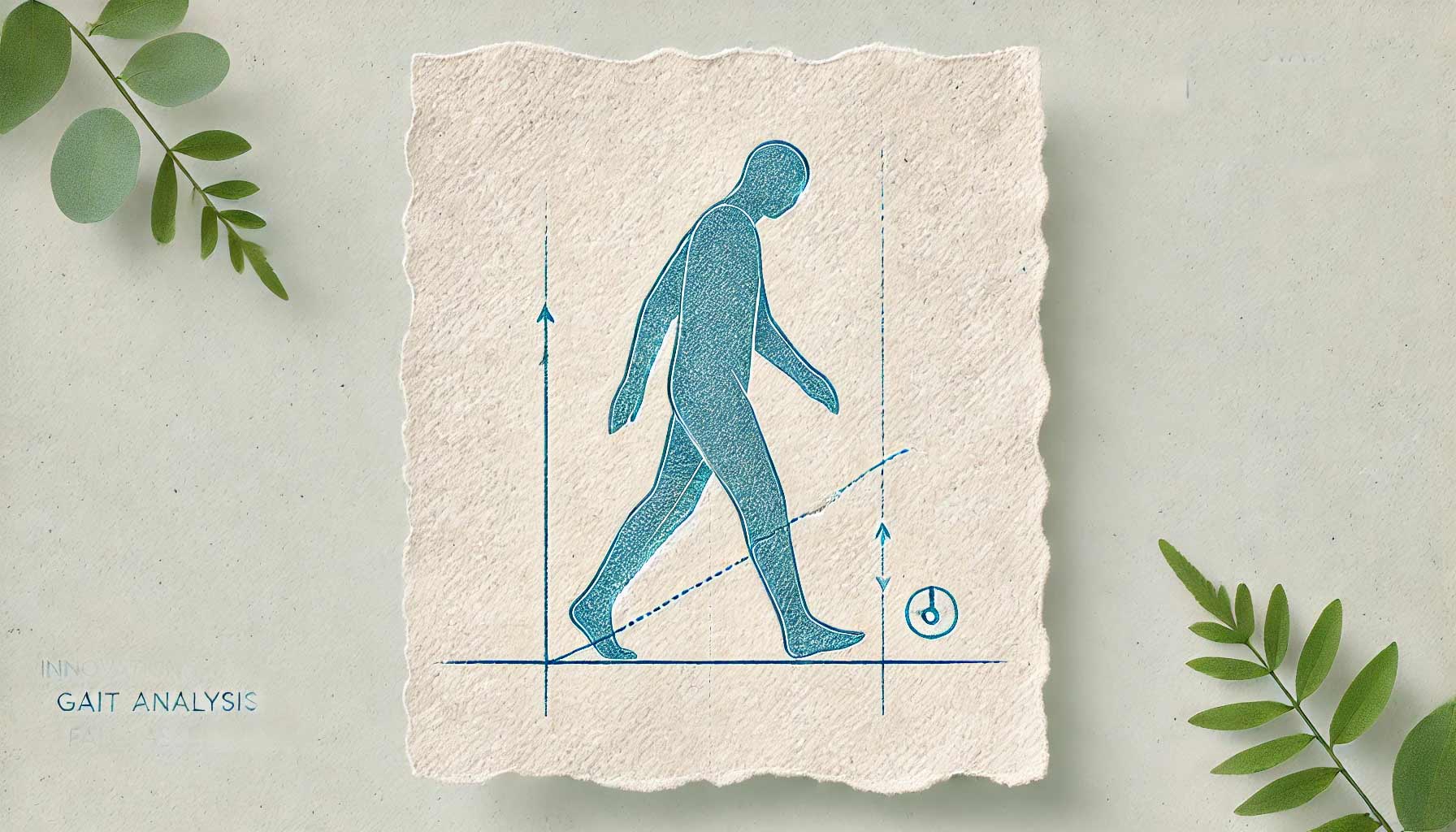 Illustration of a human figure walking with indicators for gait analysis, featuring various angles and measurements for fall risk assessment. The background includes green leaves on the sides, highlighting innovations in mobility research.