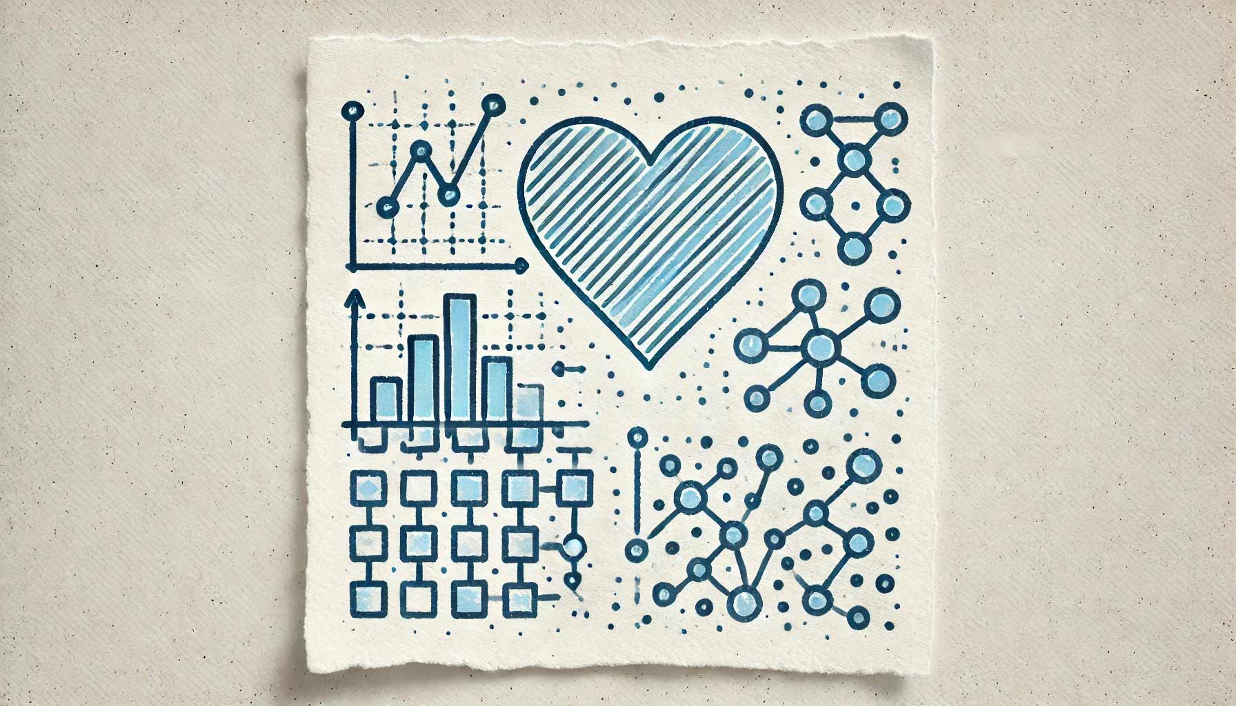 A researcher's guide displays charts and diagrams with a central heart symbol. The illustrations include line graphs, bar charts, network diagrams, and molecular structures, all drawn in blue ink, making it an essential tool for HRV analysis.