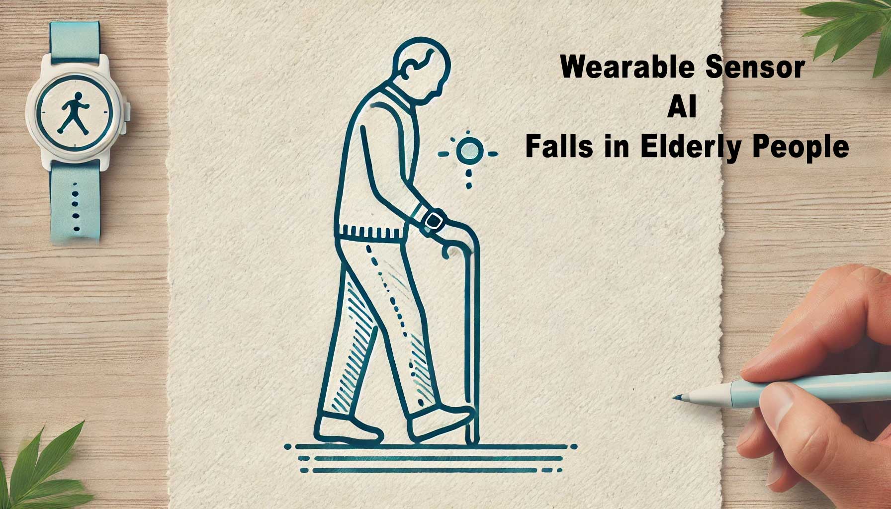 Illustration of an elderly person walking with a cane, featuring text: "Wearable Sensor AI Prevention of Falls in Elderly People." A wristwatch and a hand holding a pen are also shown.