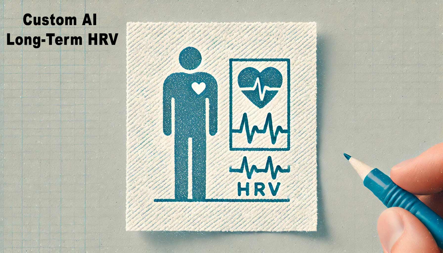 Illustration showing a person with a heart symbol on the chest, a heart rate monitor, and the text "HRV" beside it; titled "Develop Custom AI Long-Term HRV Data.