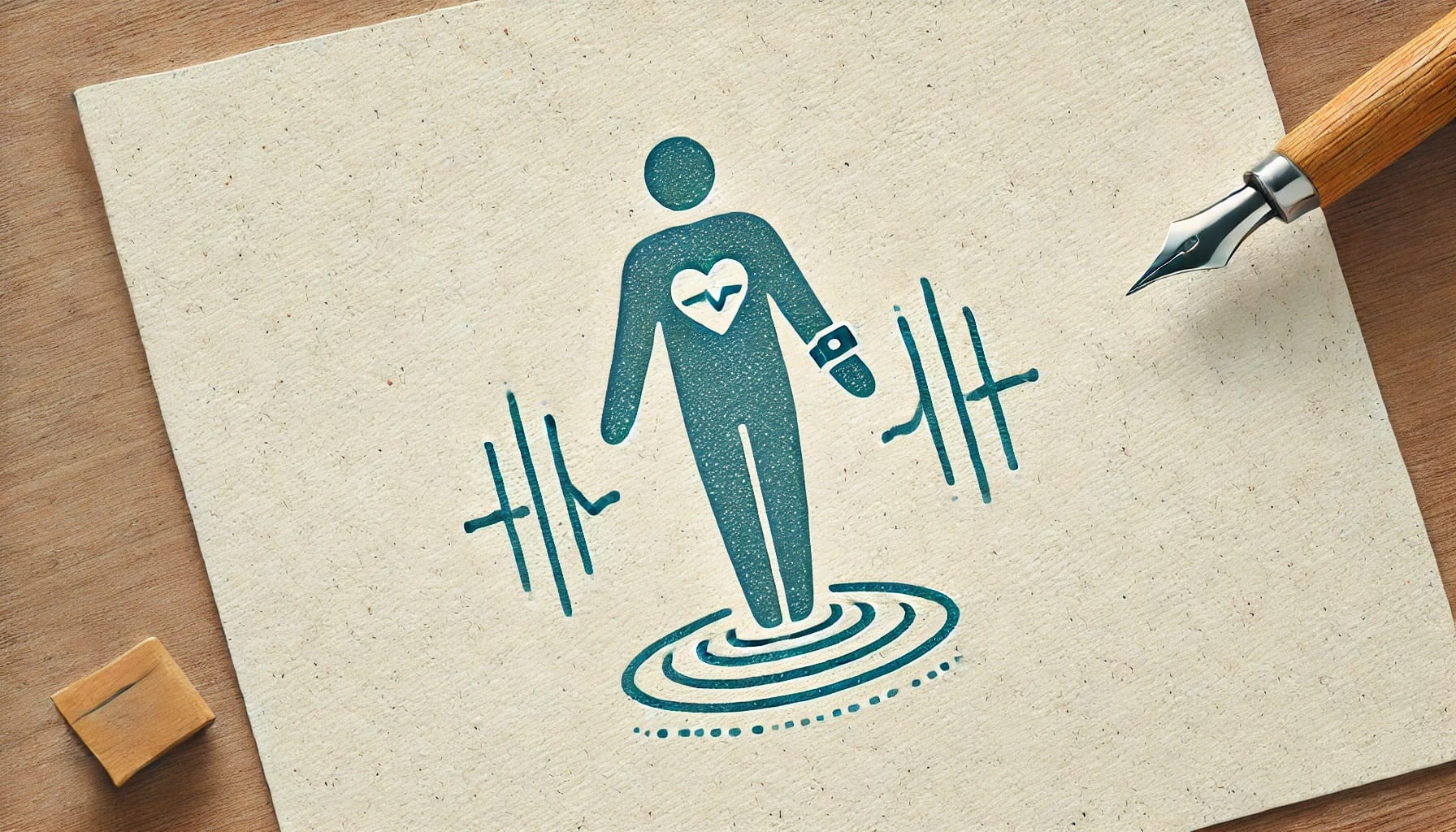 Illustration of a person with a heart icon on the chest, a smartwatch showcasing wearable technology on the wrist, surrounded by soundwave-like symbols, next to a fountain pen on a wooden table.