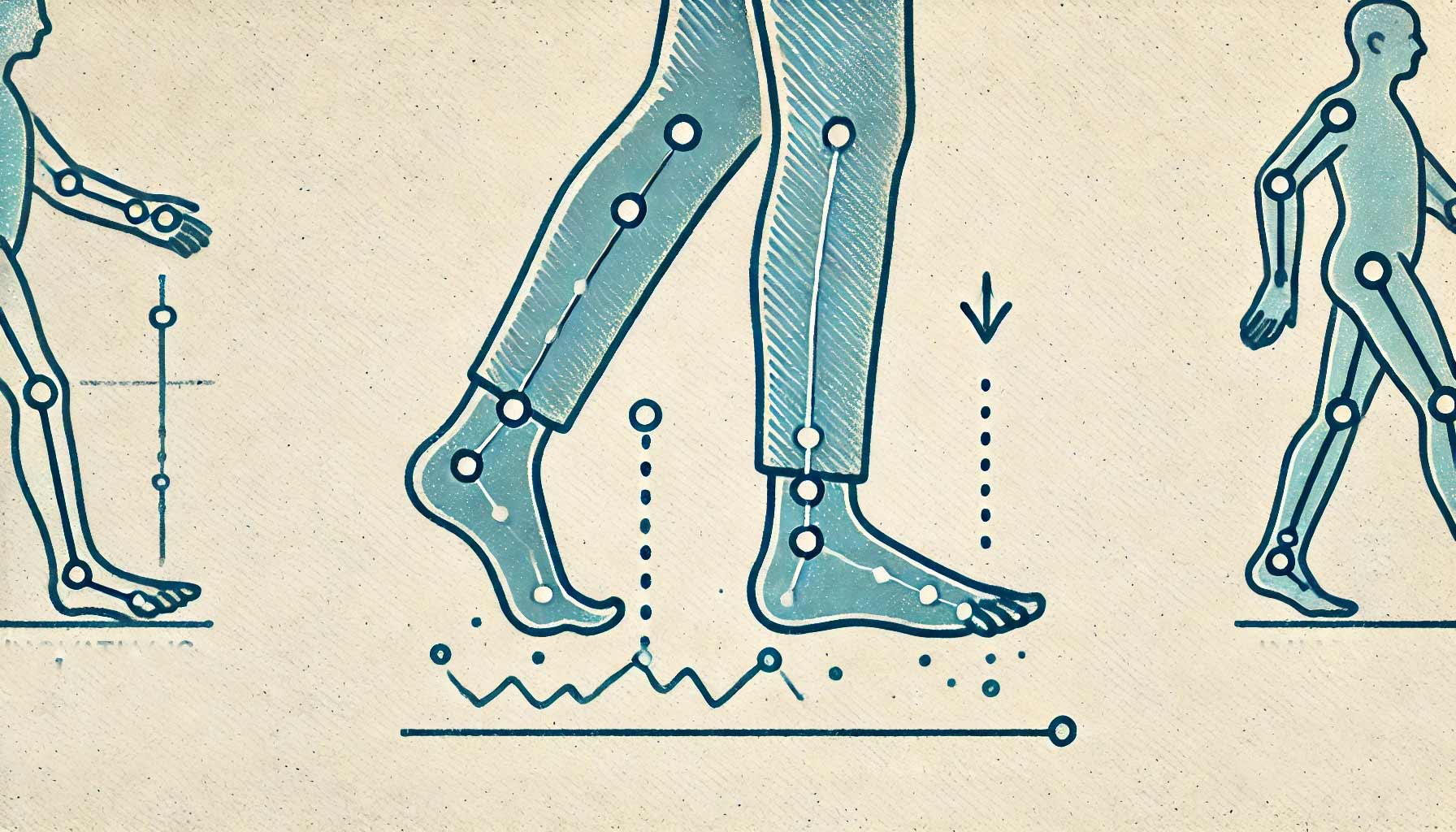 Illustration of three stages of human walking with a focus on the mechanics of foot movement and joint points, highlighting innovative gait analysis techniques.