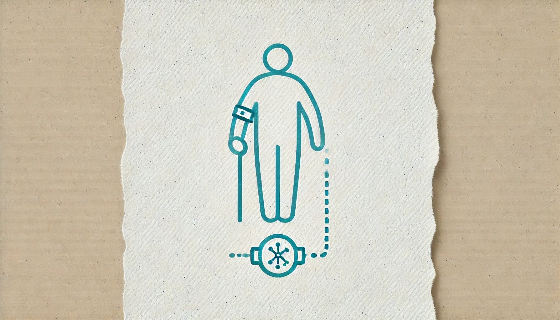 Illustration of a person with one leg, supported by a cane and wearing a robotic prosthetic equipped with a wearable sensor, connected to a frozen symbol, possibly indicating cryonics.