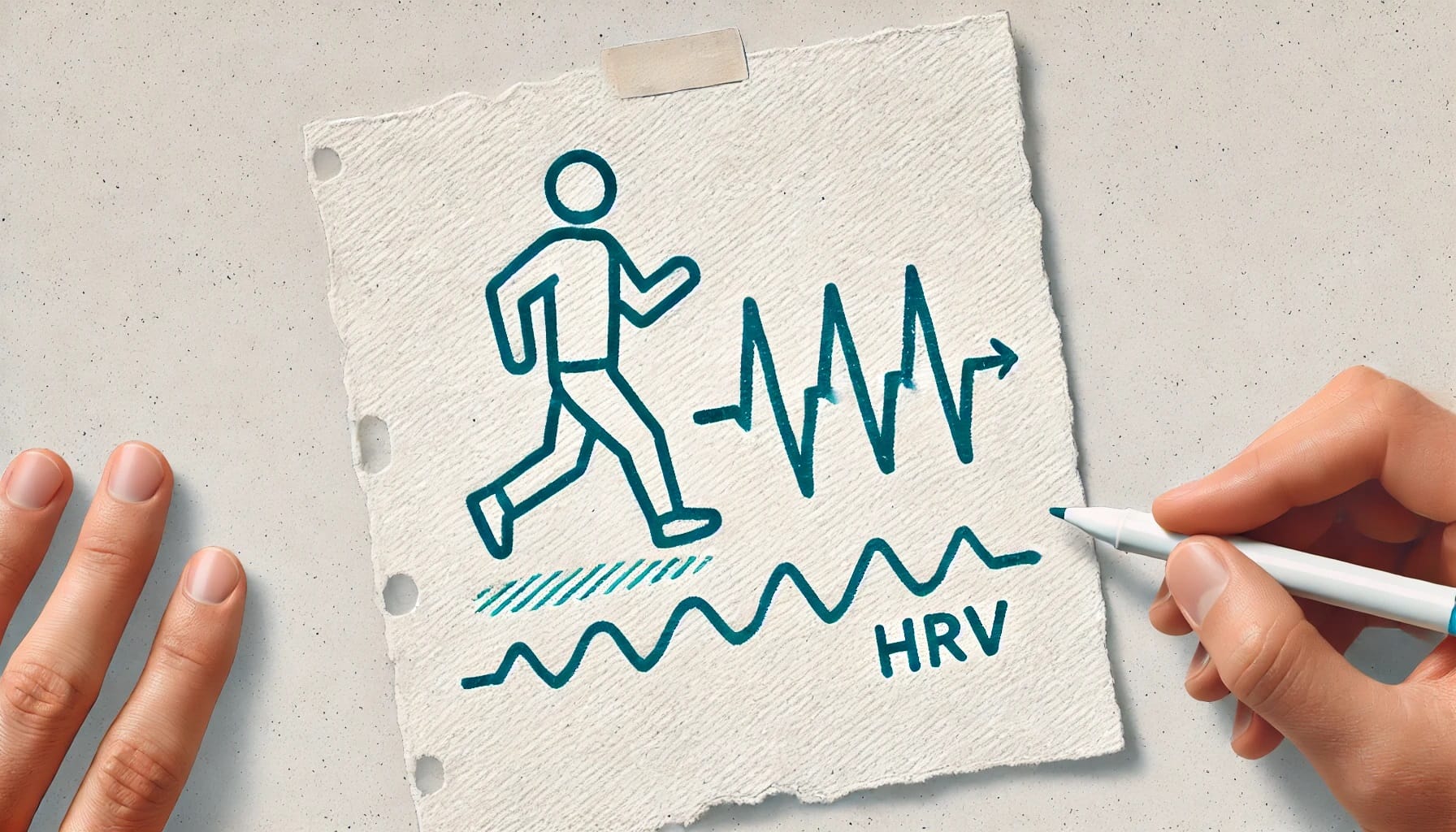 A hand holds a pen beside a paper showcasing a drawing of a person running, alongside a heart rate line and the letters "HRV," symbolizing Heart Rate Variability, an essential indicator often linked to managing Post-Traumatic Stress Disorder.