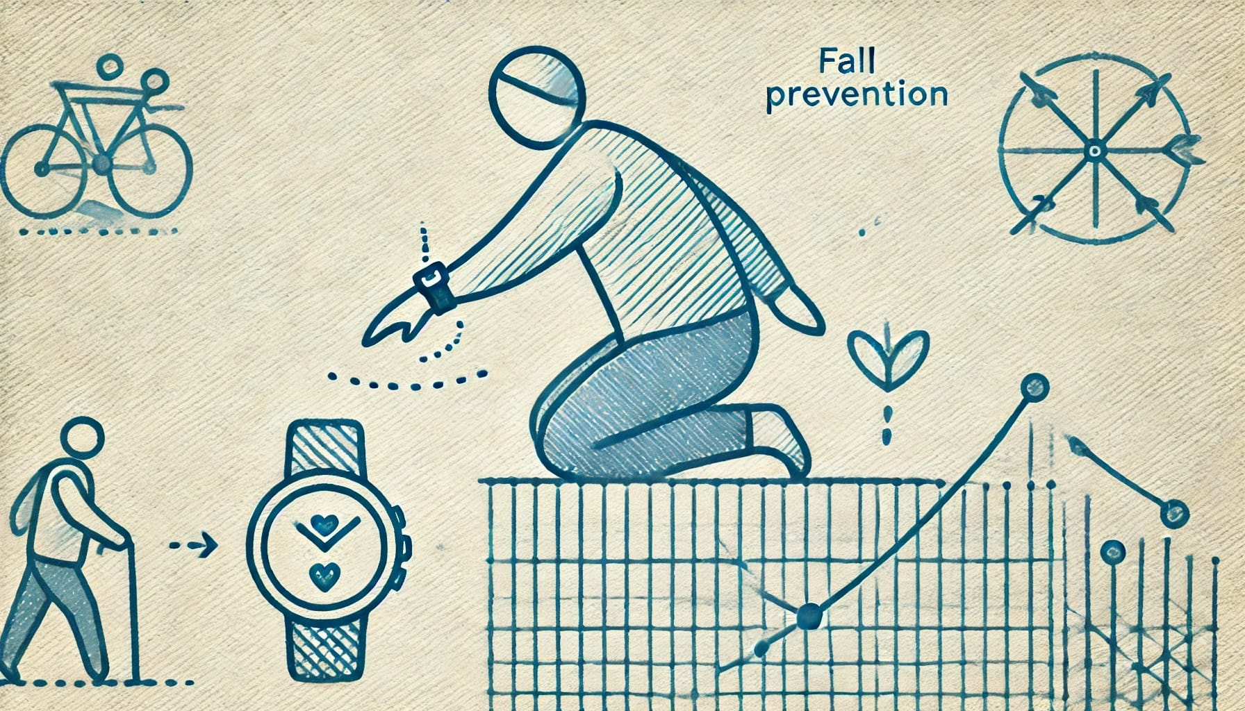 Illustration depicting fall prevention with a person leaning forward, wearing a device, and surrounded by icons of a watch, an arrow pointing to a heart, a graph, and a walker. The scene underscores the importance of wearable technology in enhancing strategies for avoiding falls.